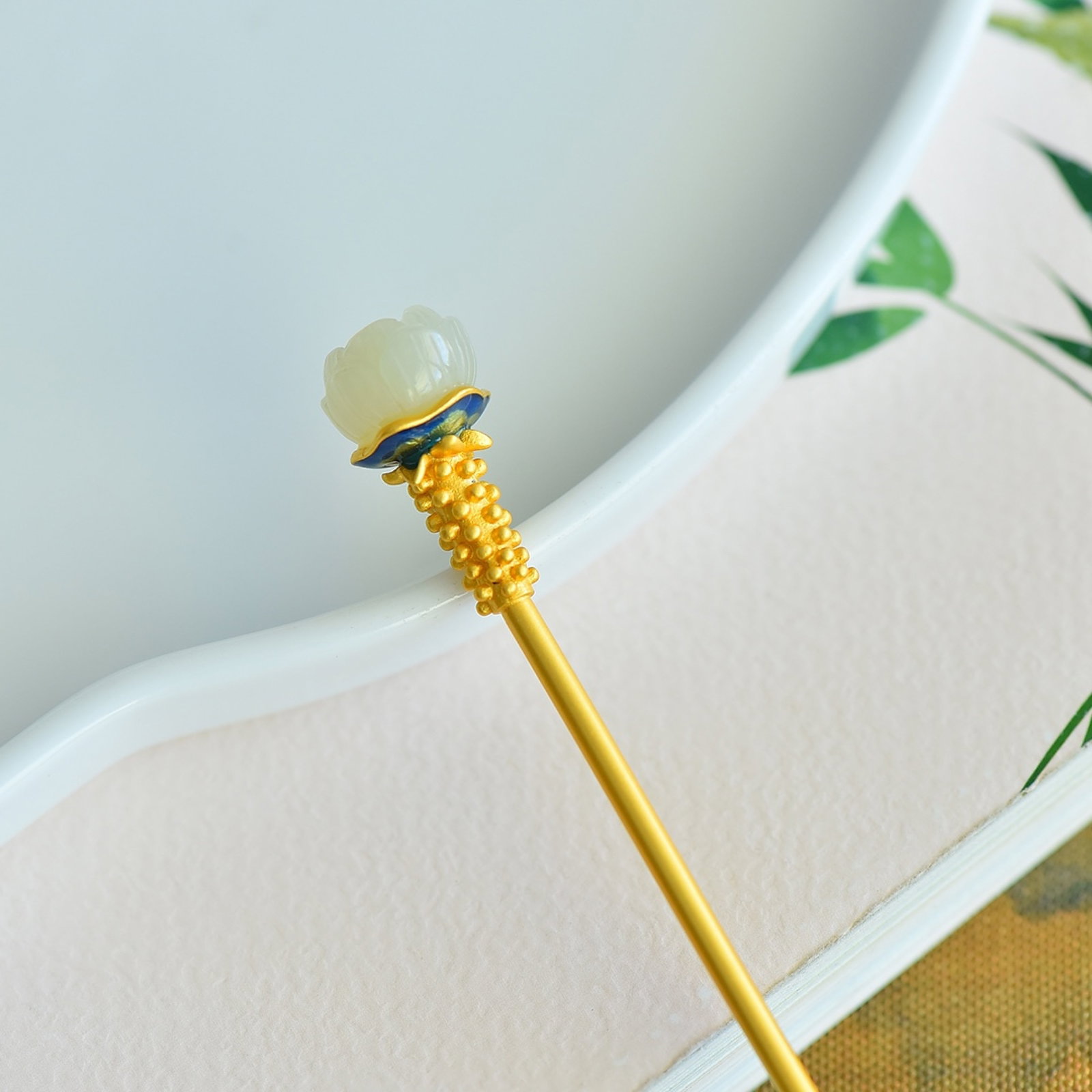An Exquisite Sterling Silver-Gold Plated Inlaid White Jade Enamel Hairpin - 3