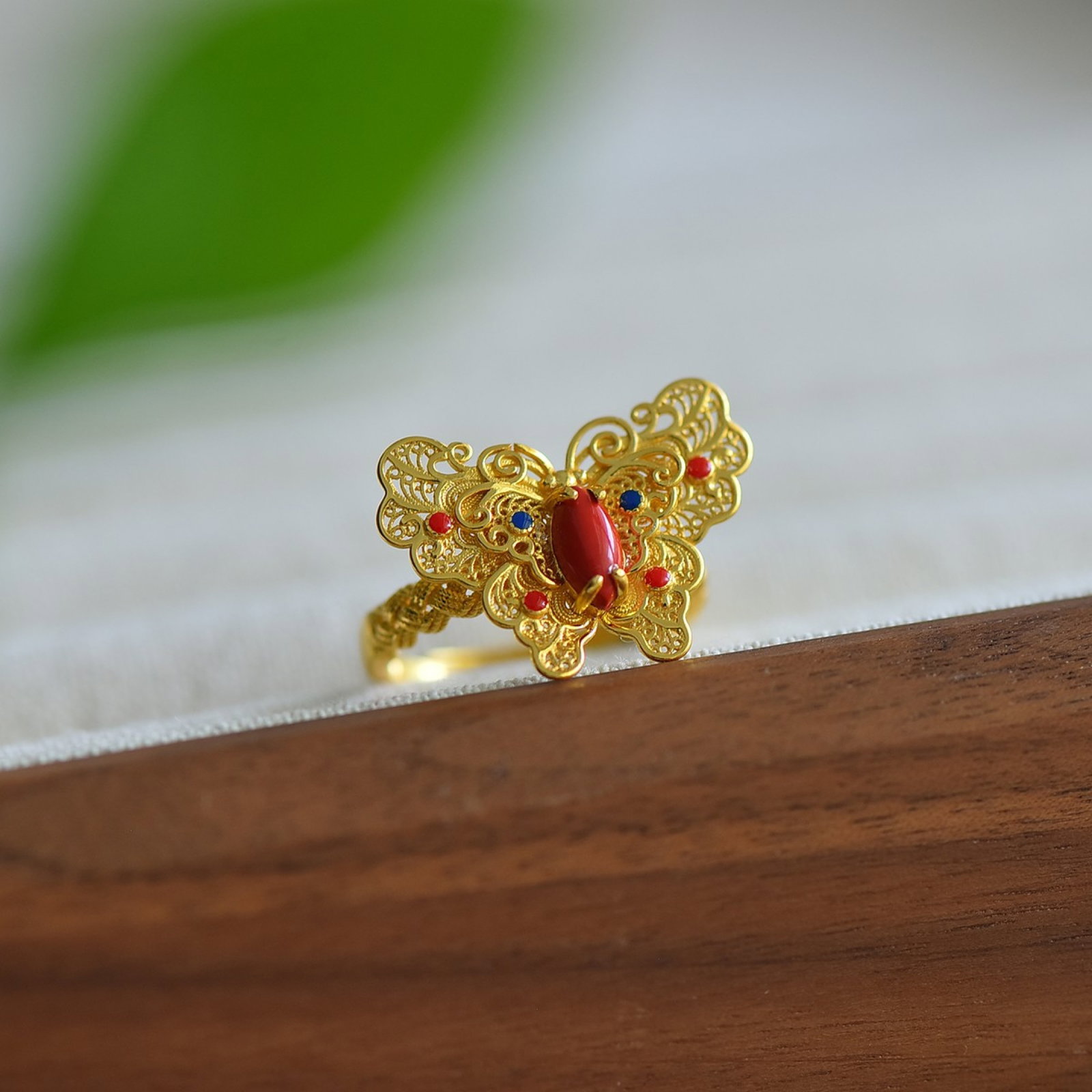 An Exquisite Sterling Silver-Gold Plated Inlaid Cinnabar Ring,Inlaid Gems - 3