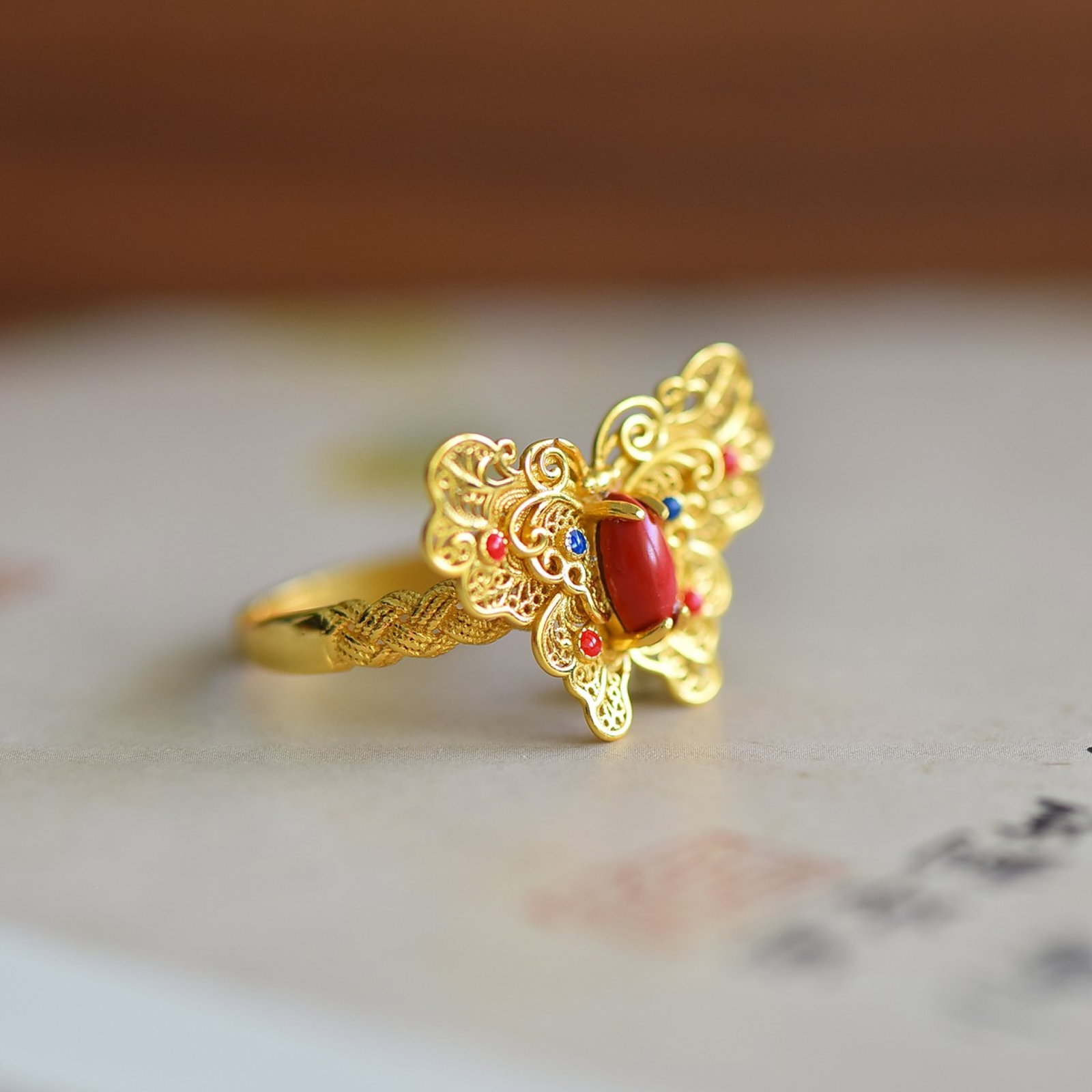 An Exquisite Sterling Silver-Gold Plated Inlaid Cinnabar Ring,Inlaid Gems - 4