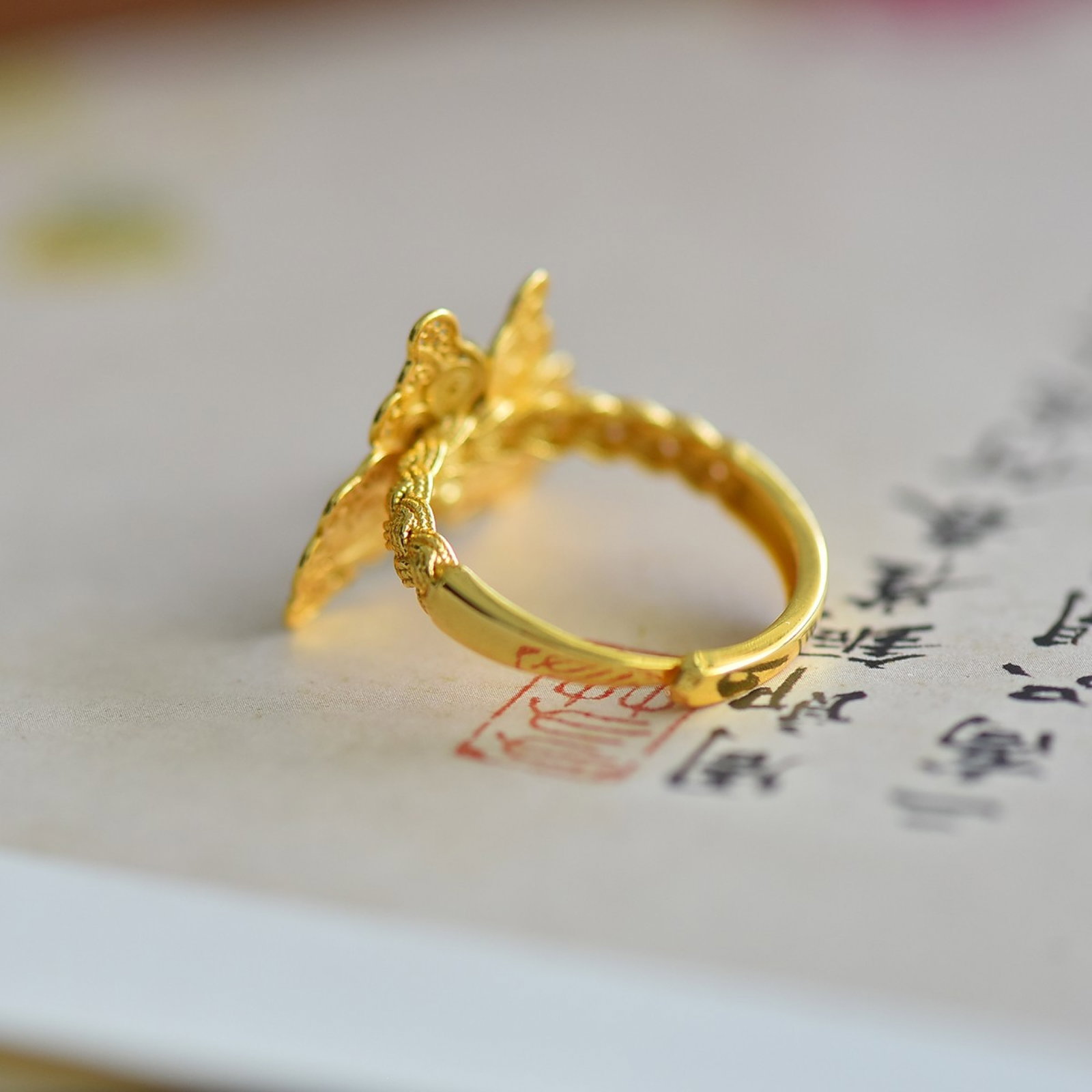 An Exquisite Sterling Silver-Gold Plated Inlaid Cinnabar Ring,Inlaid Gems - 5
