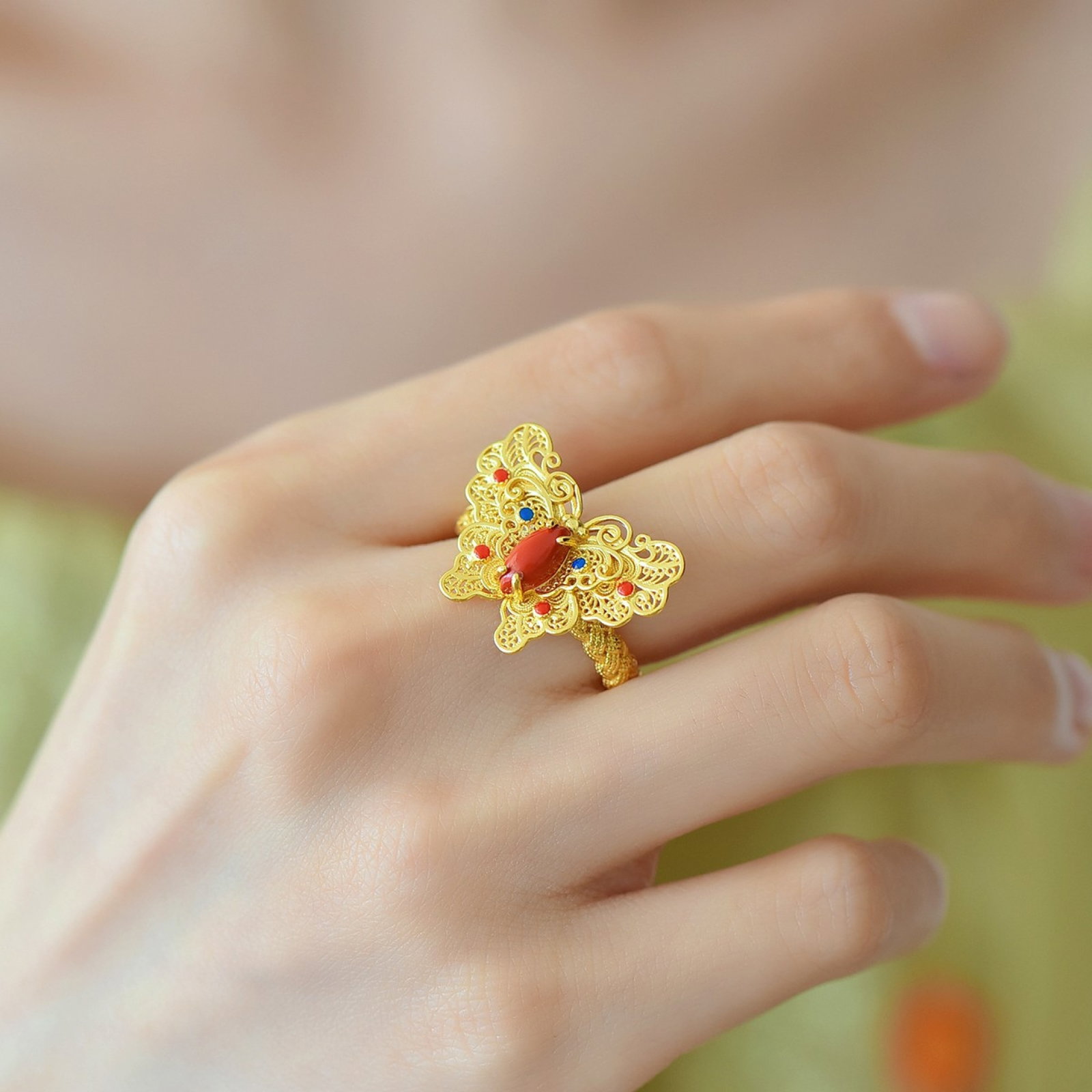 An Exquisite Sterling Silver-Gold Plated Inlaid Cinnabar Ring,Inlaid Gems - 6