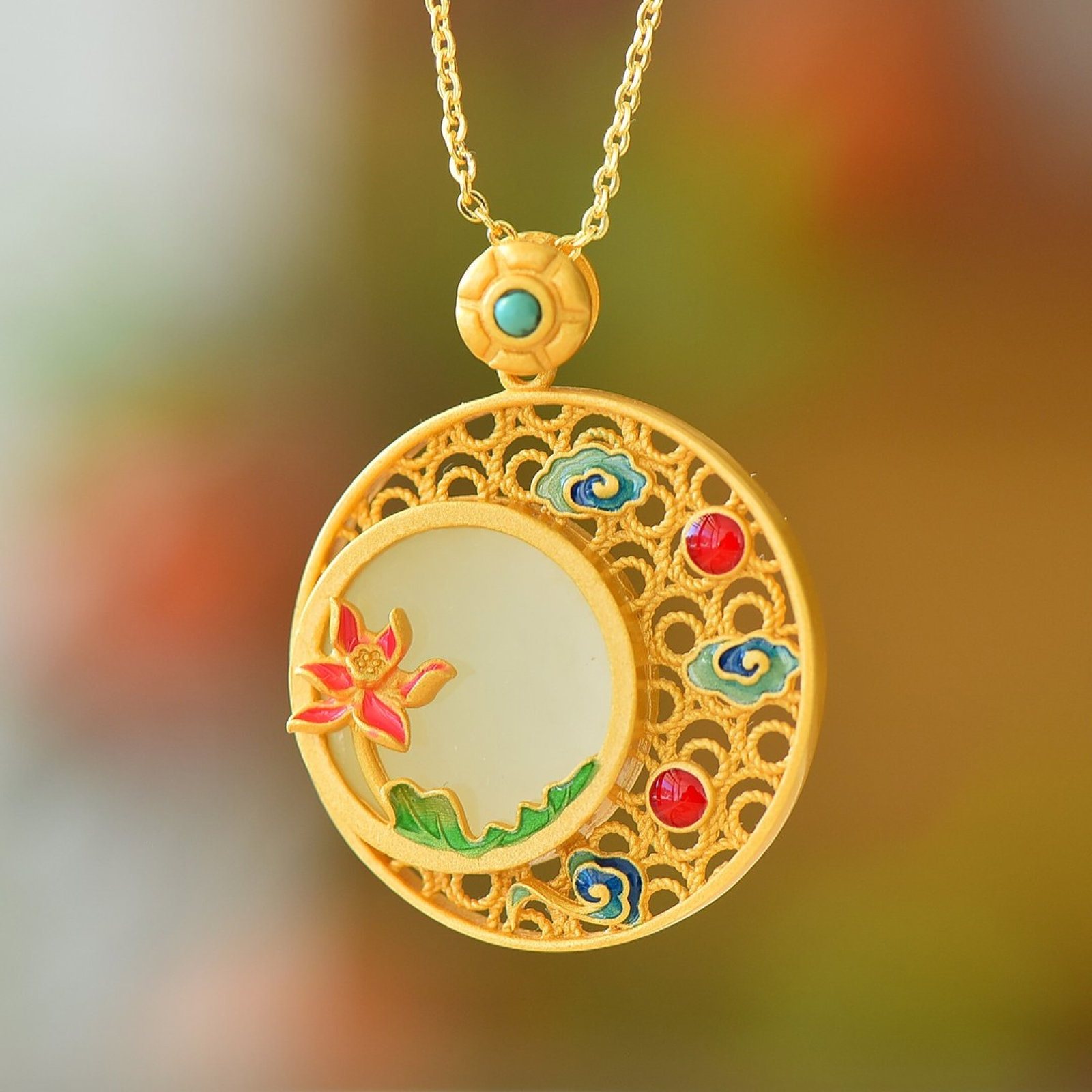 An Exquisite Sterling Silver-Gold Plated Inlaid White Jade Pendant - 2