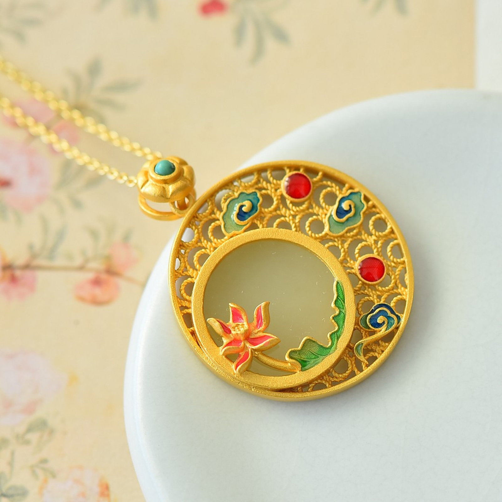 An Exquisite Sterling Silver-Gold Plated Inlaid White Jade Pendant - 3