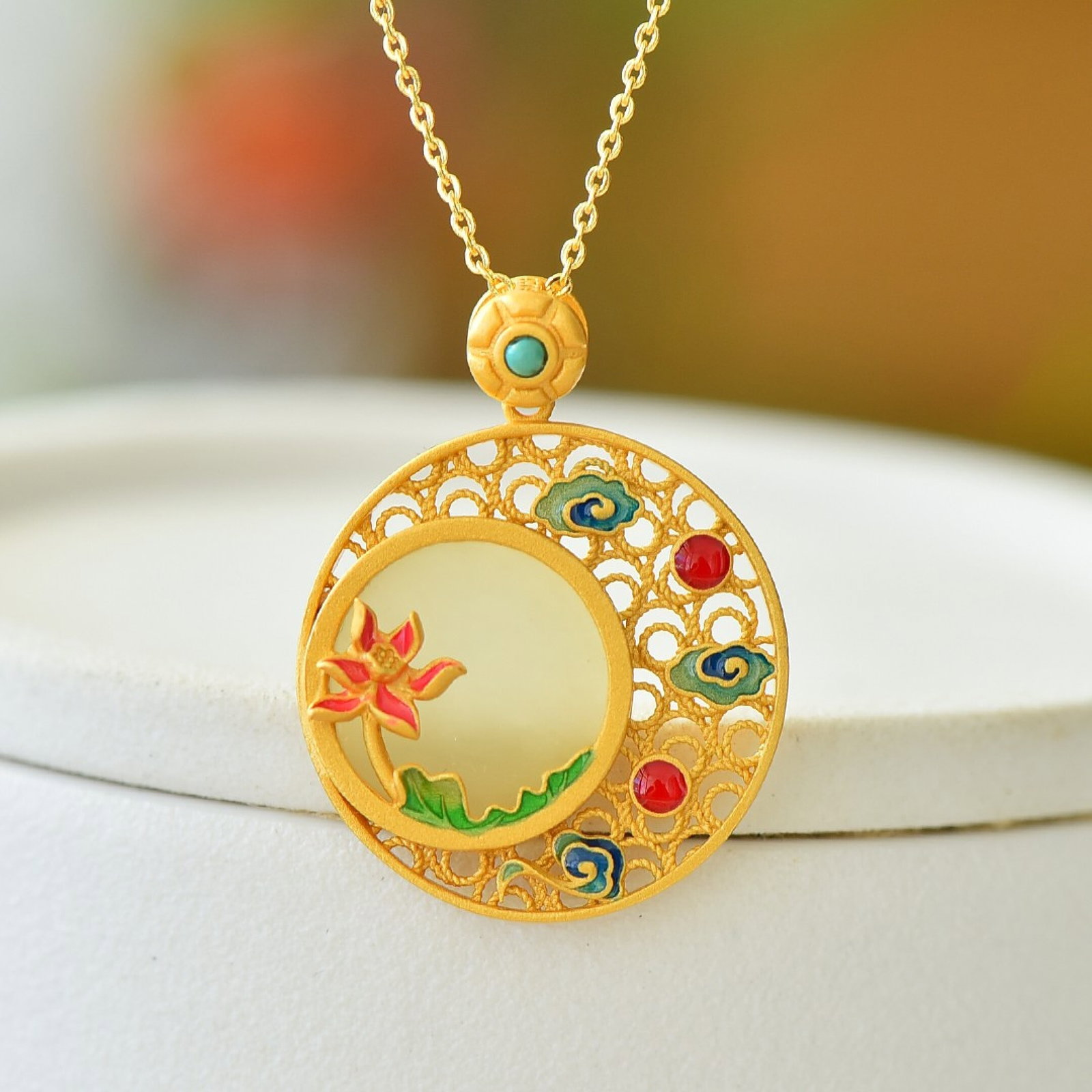 An Exquisite Sterling Silver-Gold Plated Inlaid White Jade Pendant - 4