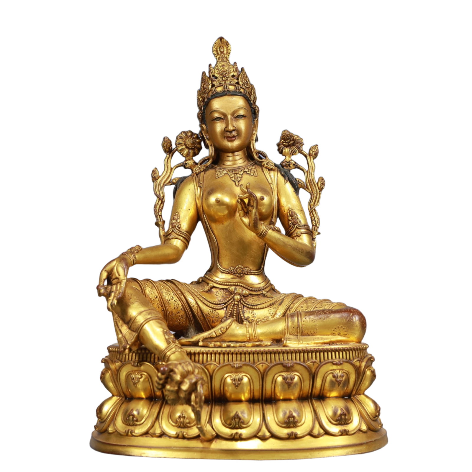 A Solemn Gilt Bronze Statue of Tara: Estimated Value:6400-12800 A Solemn Gilt Bronze Statue of Tara, Qing Dynasty, China, Qianlong Mark, Size:7.9inx6.7inx12.6in, Weight:5500g