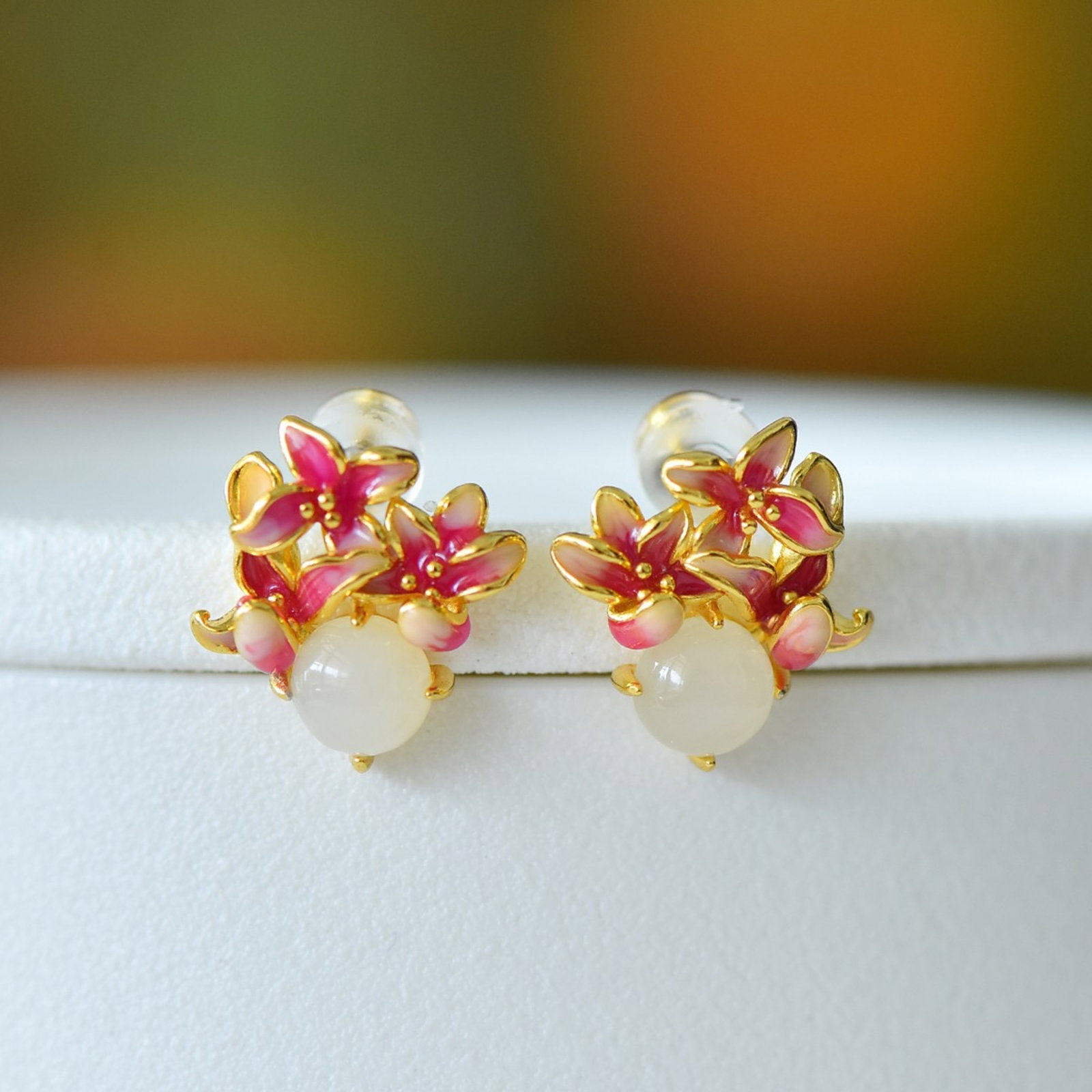 A Set of Fine Sterling Silver-Gold Plated Inlaid White Jade Jewelrys - 3