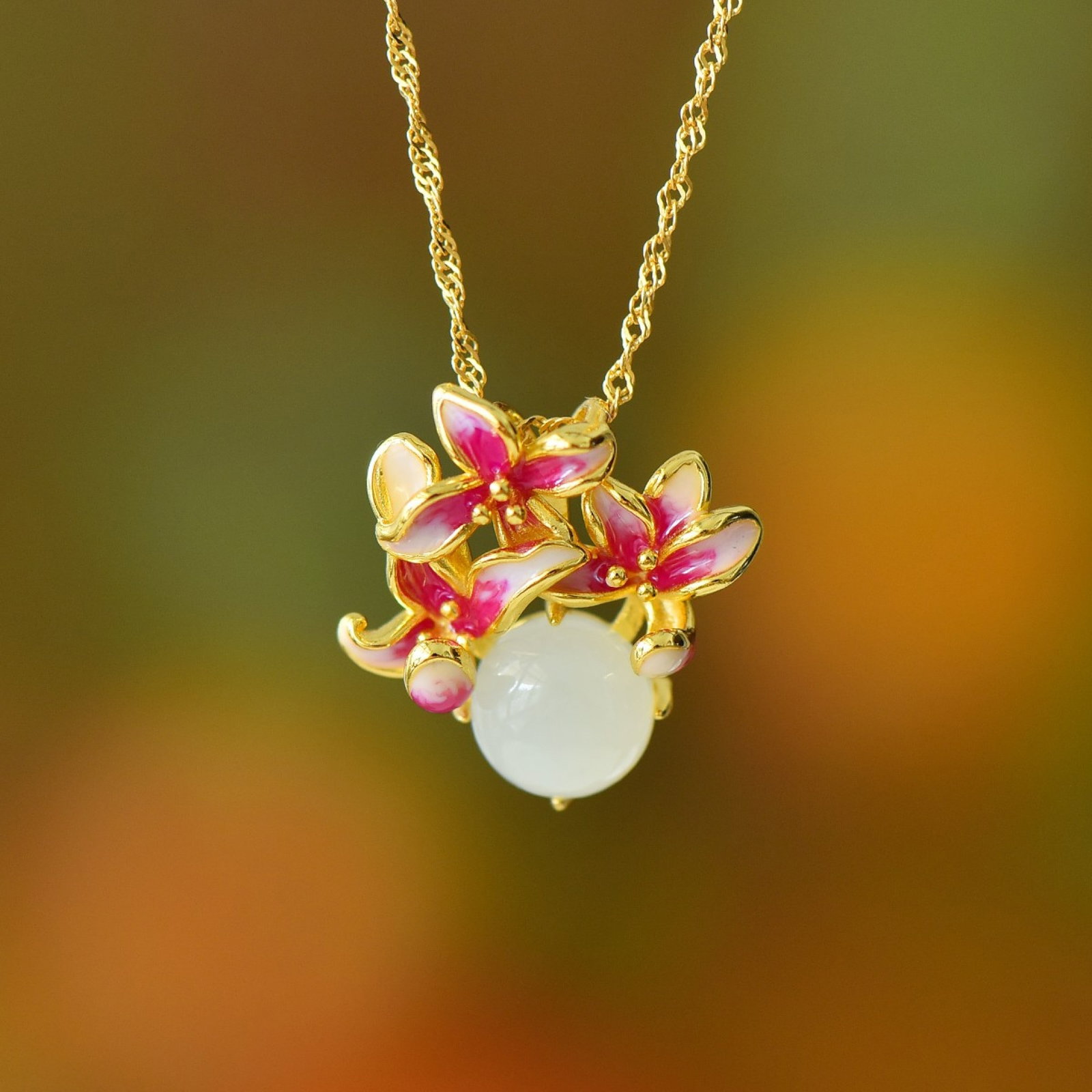A Set of Fine Sterling Silver-Gold Plated Inlaid White Jade Jewelrys - 5