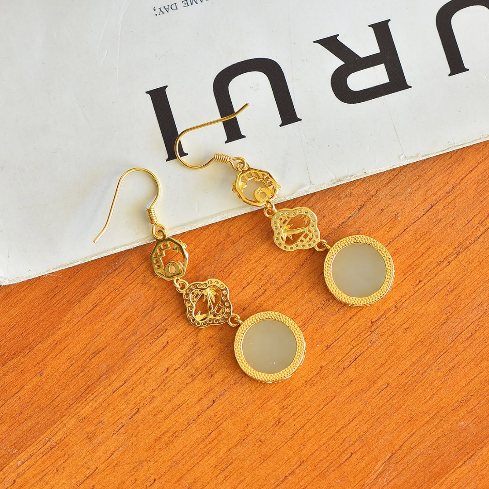 A Pair of Exquisite Sterling Silver-Gold Plated Inlaid White Jade Earrings,Inlaid Diamonds - 2