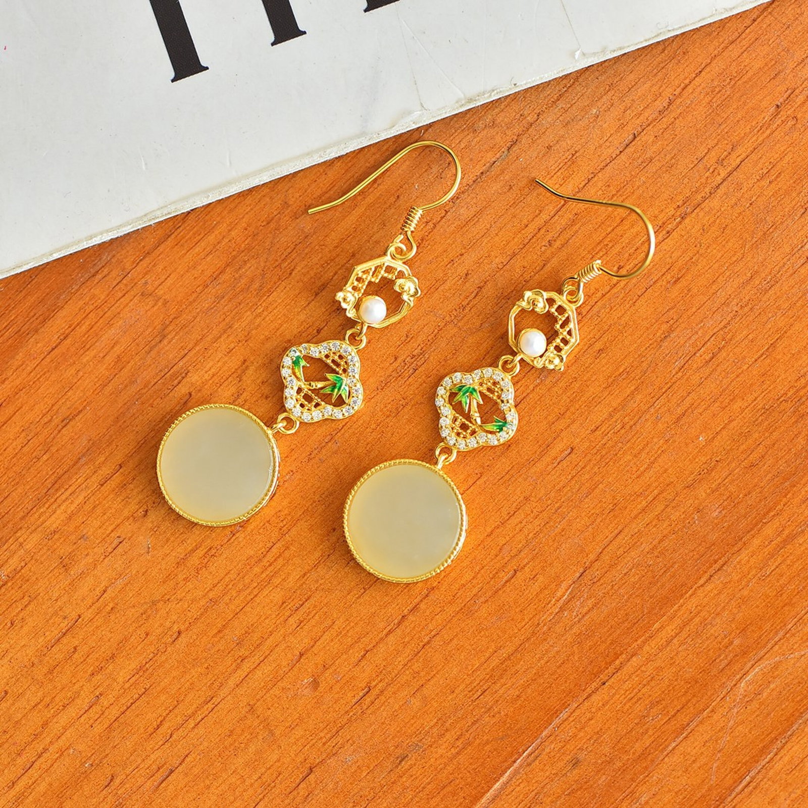 A Pair of Exquisite Sterling Silver-Gold Plated Inlaid White Jade Earrings,Inlaid Diamonds - 3