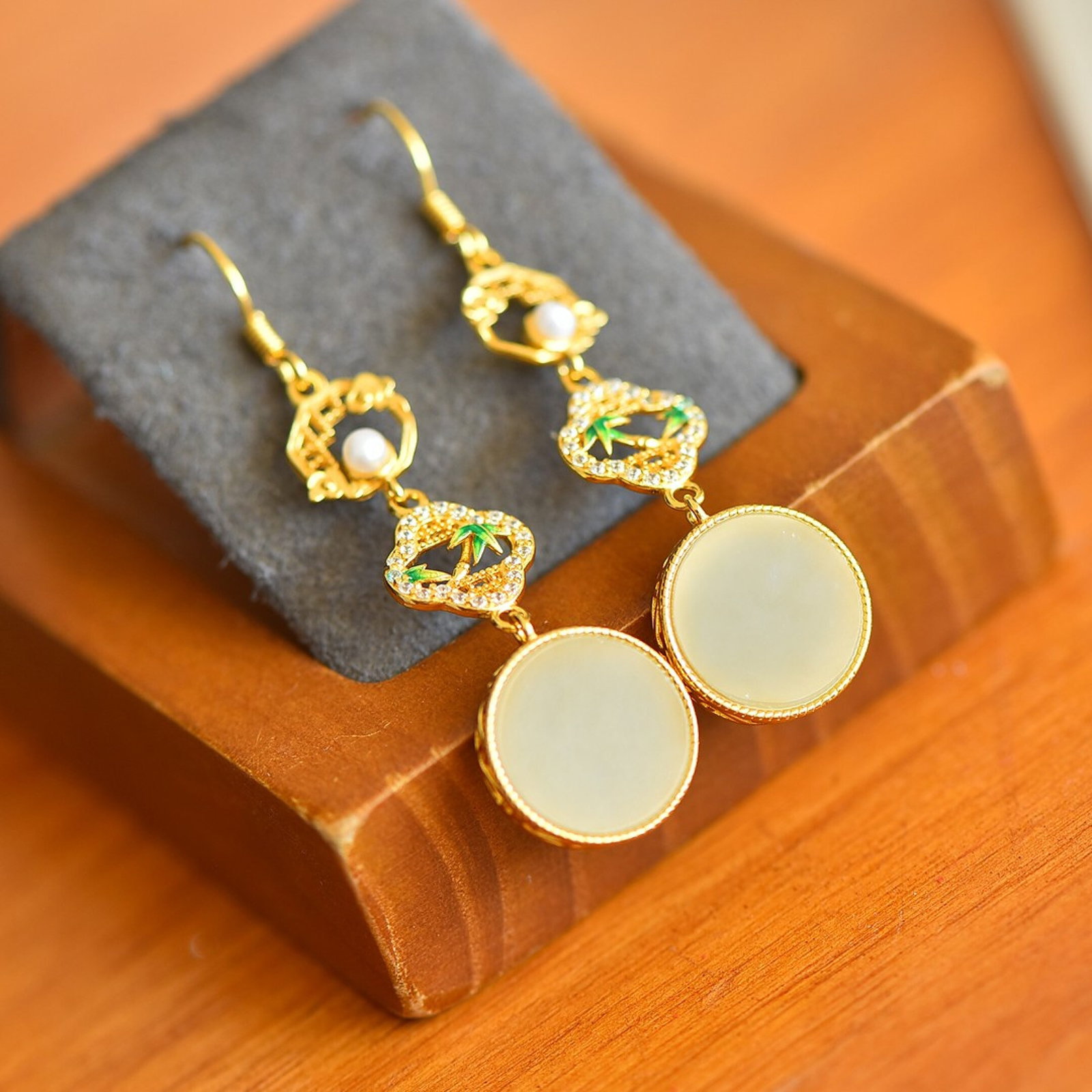 A Pair of Exquisite Sterling Silver-Gold Plated Inlaid White Jade Earrings,Inlaid Diamonds - 4
