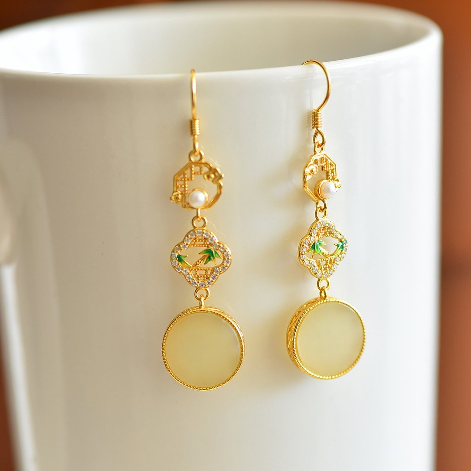 A Pair of Exquisite Sterling Silver-Gold Plated Inlaid White Jade Earrings,Inlaid Diamonds - 5