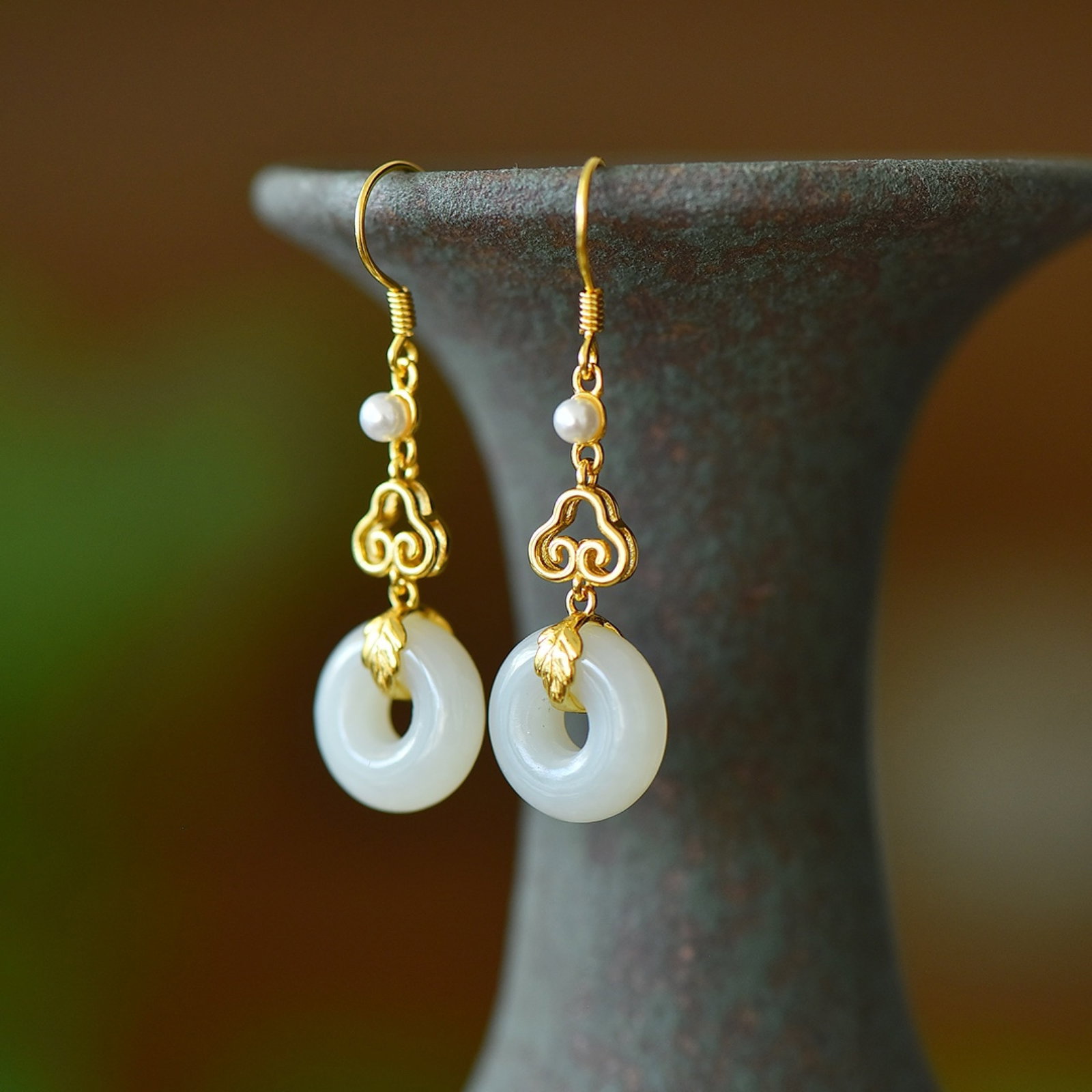 A Pair of Exquisite Sterling Silver-Gold Plated Inlaid White Jade Earrings - 2