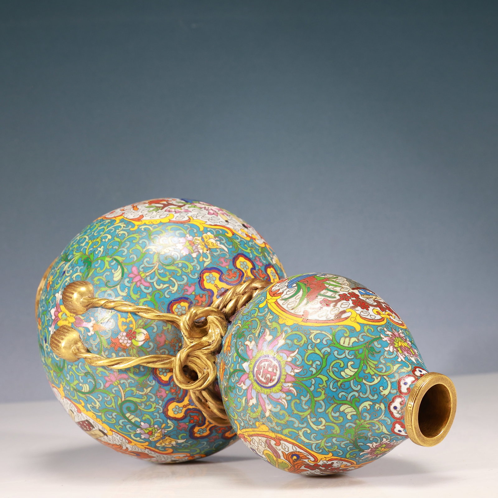 A Rare Cloisonne Lotus and Bogu Pattern Gourd-Shaped Vase - 10