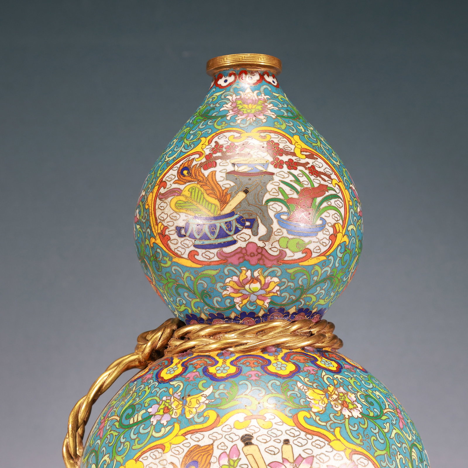 A Rare Cloisonne Lotus and Bogu Pattern Gourd-Shaped Vase - 2