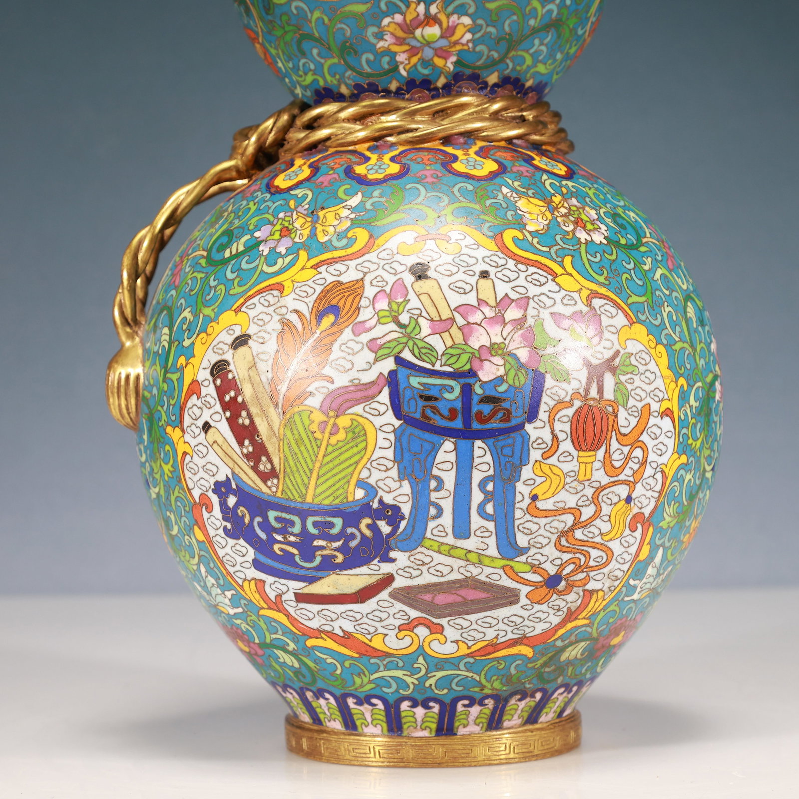 A Rare Cloisonne Lotus and Bogu Pattern Gourd-Shaped Vase - 3