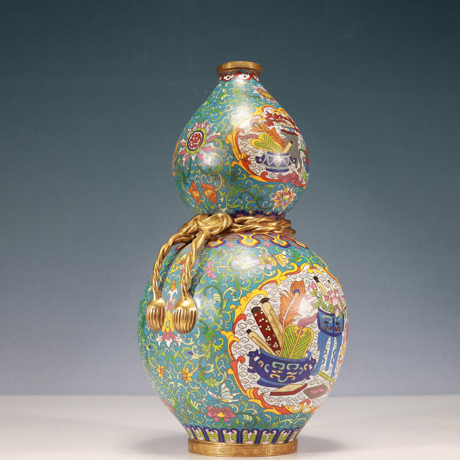 A Rare Cloisonne Lotus and Bogu Pattern Gourd-Shaped Vase - 4