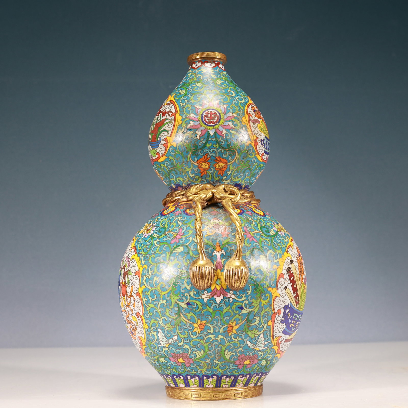 A Rare Cloisonne Lotus and Bogu Pattern Gourd-Shaped Vase - 5