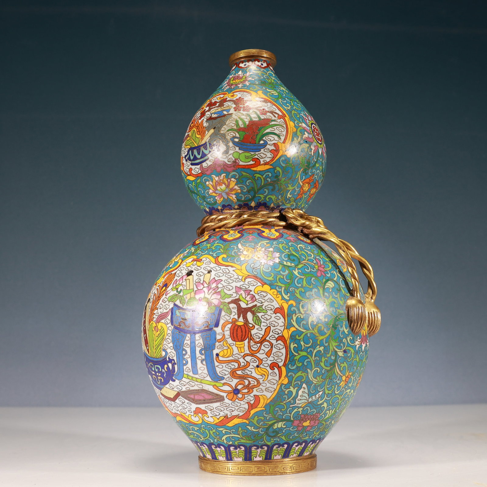 A Rare Cloisonne Lotus and Bogu Pattern Gourd-Shaped Vase - 6