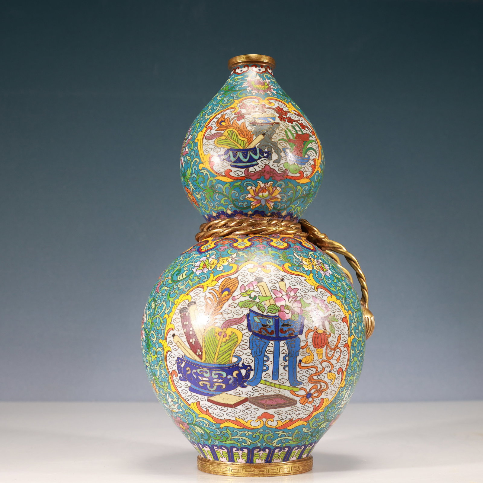 A Rare Cloisonne Lotus and Bogu Pattern Gourd-Shaped Vase - 7