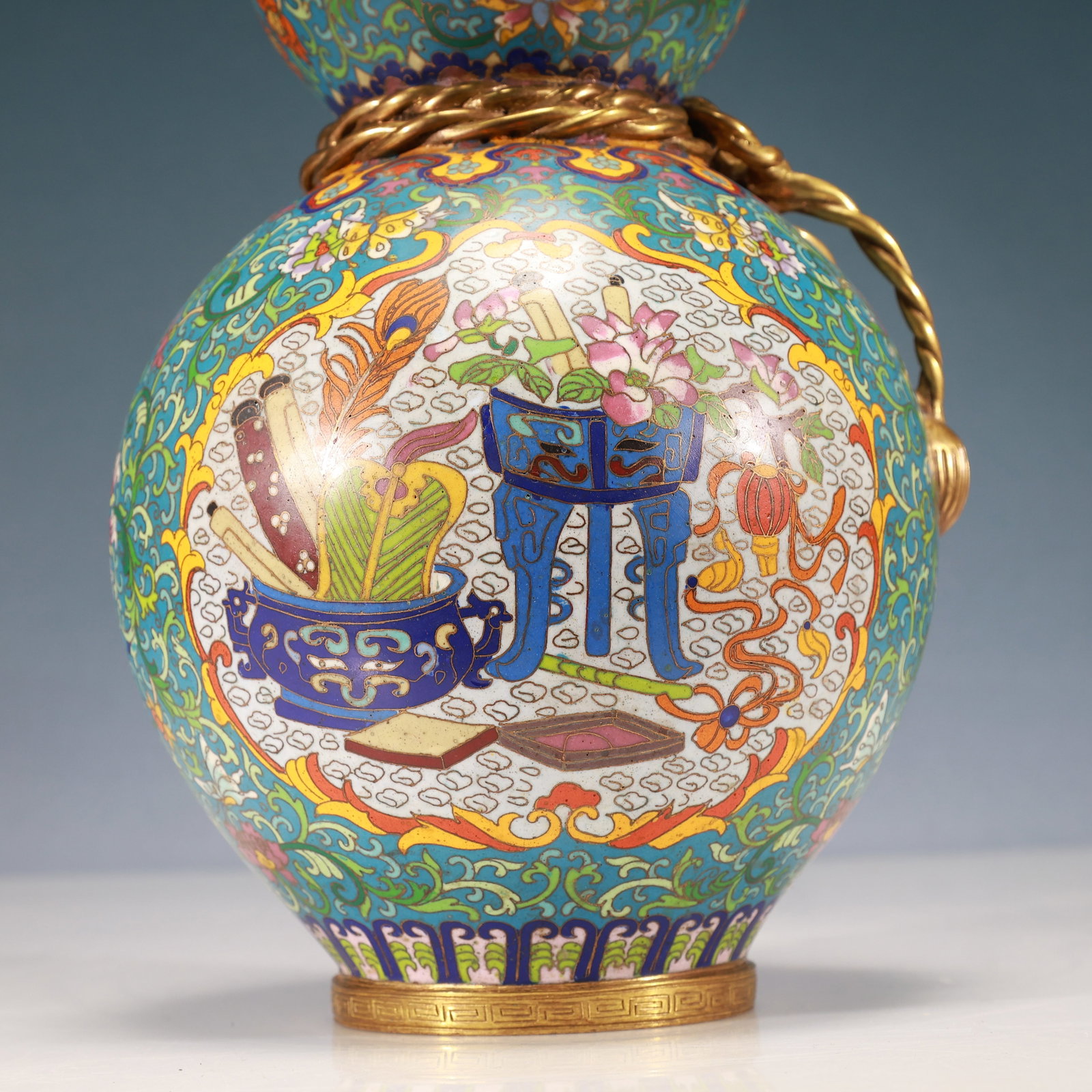 A Rare Cloisonne Lotus and Bogu Pattern Gourd-Shaped Vase - 8