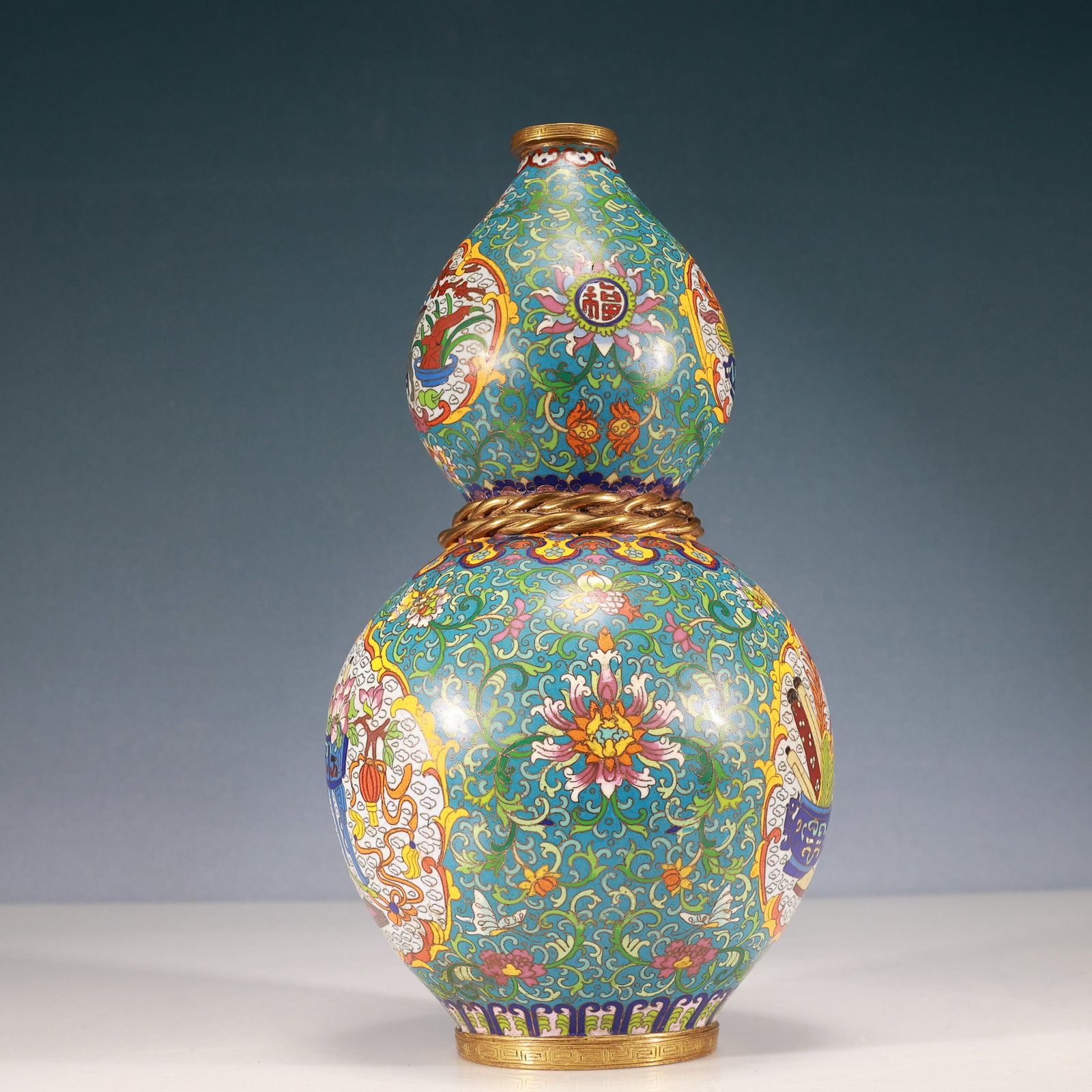 A Rare Cloisonne Lotus and Bogu Pattern Gourd-Shaped Vase - 9