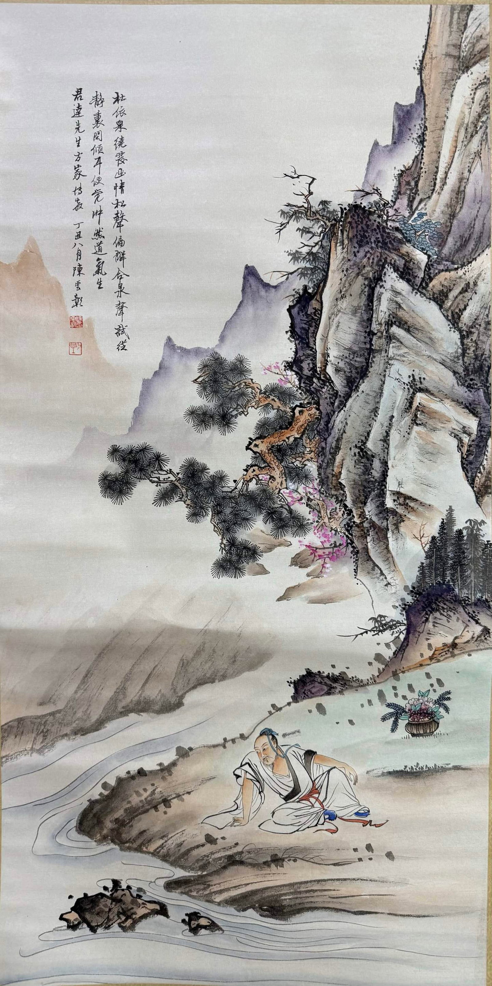 A Chinese Vertical Scroll Ink Painting of Landscape and Figure on Paper,Chen Shaomei - 2