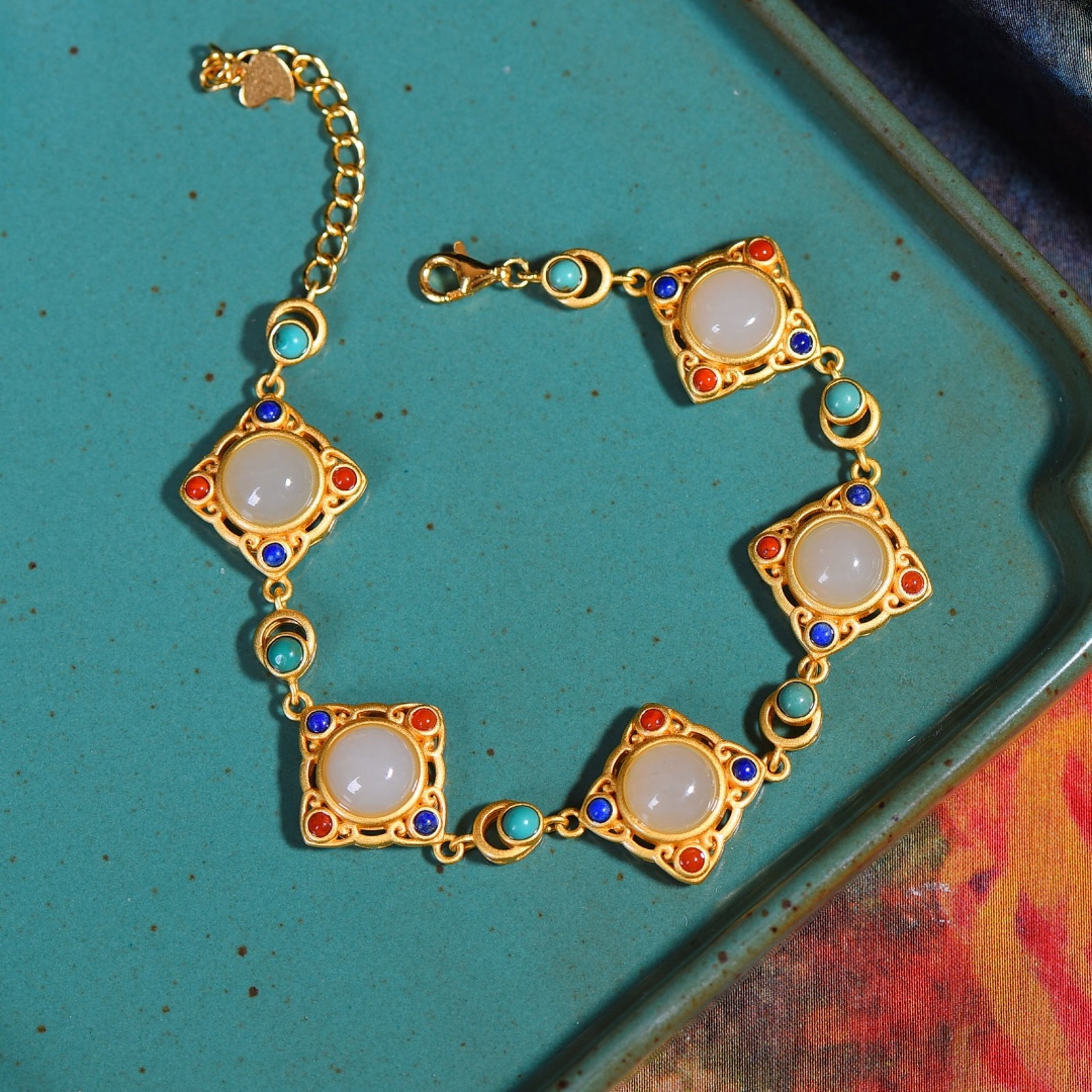 A Set of Fine Sterling Silver-Gold Plated Inlaid White Jade Jewelrys - 2