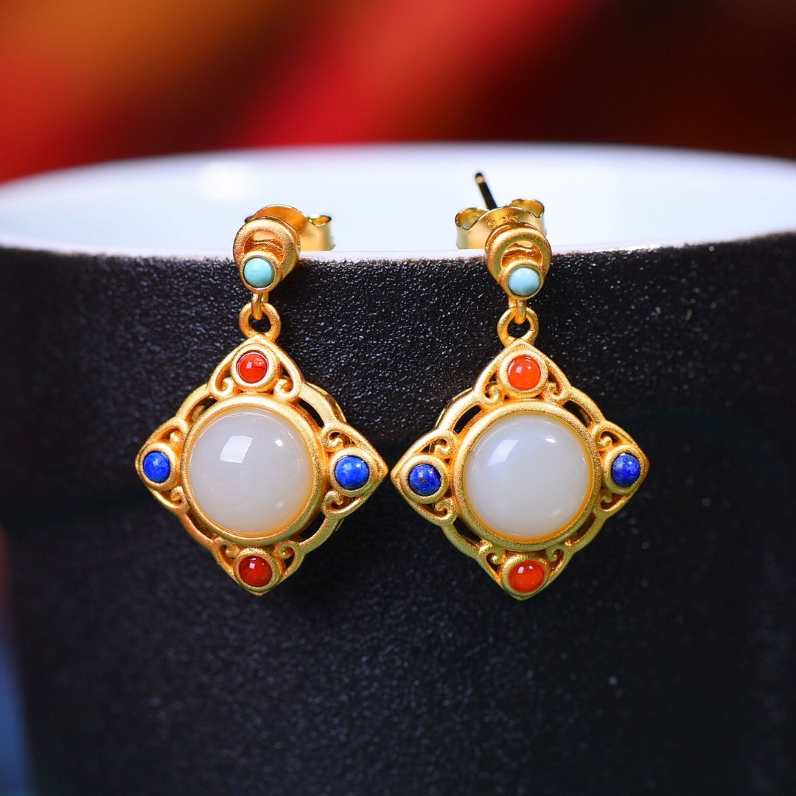 A Set of Fine Sterling Silver-Gold Plated Inlaid White Jade Jewelrys - 3