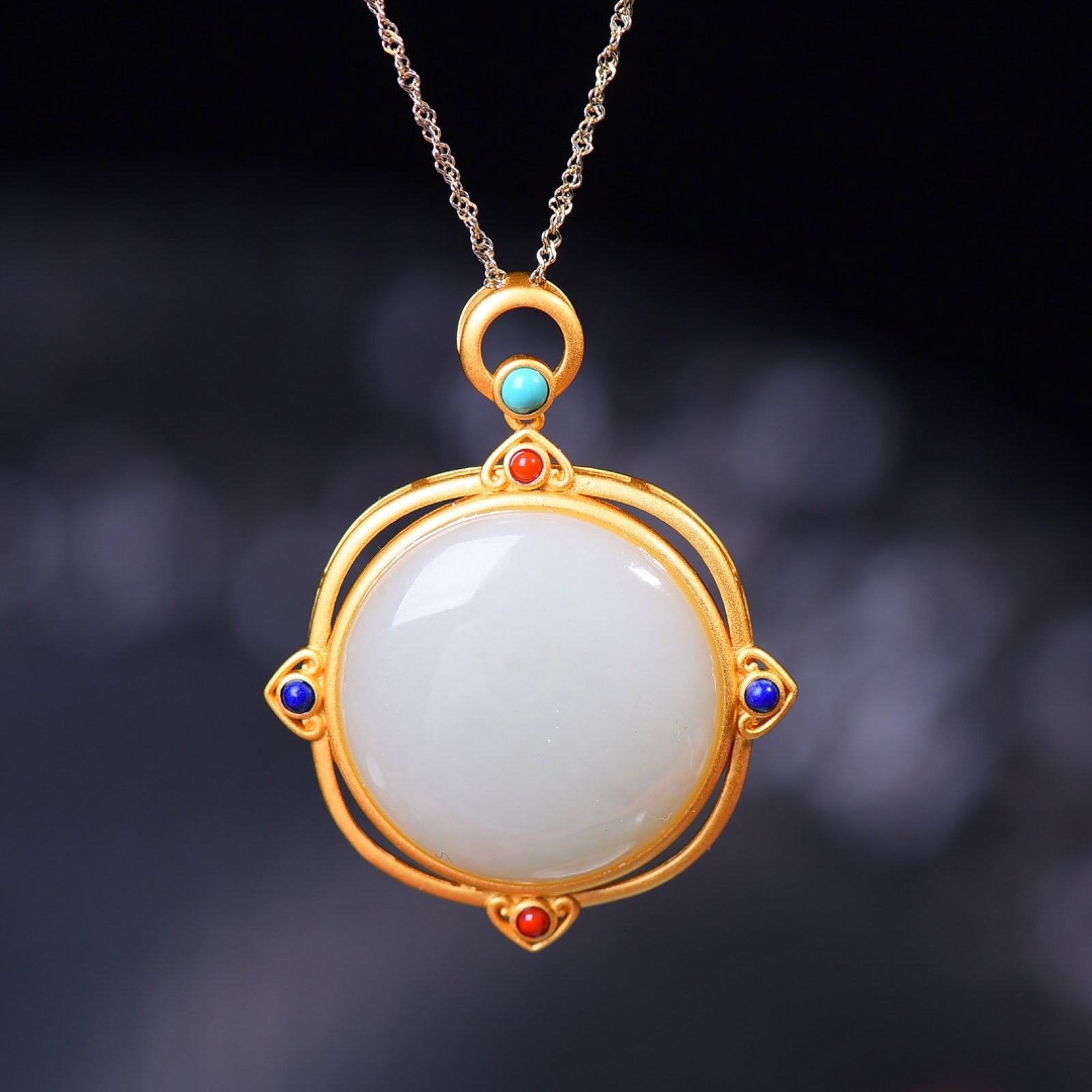 A Set of Fine Sterling Silver-Gold Plated Inlaid White Jade Jewelrys - 4
