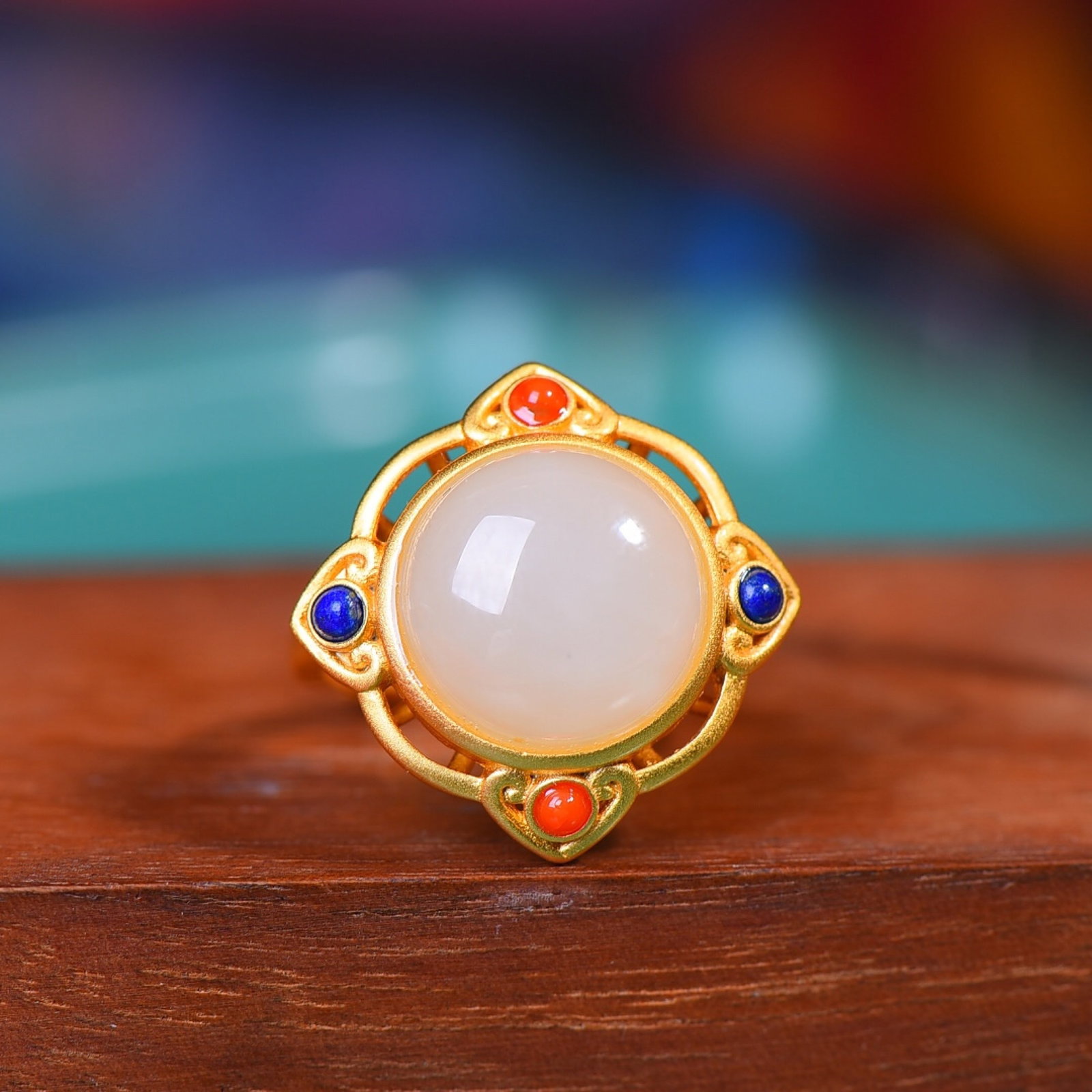 A Set of Fine Sterling Silver-Gold Plated Inlaid White Jade Jewelrys - 5