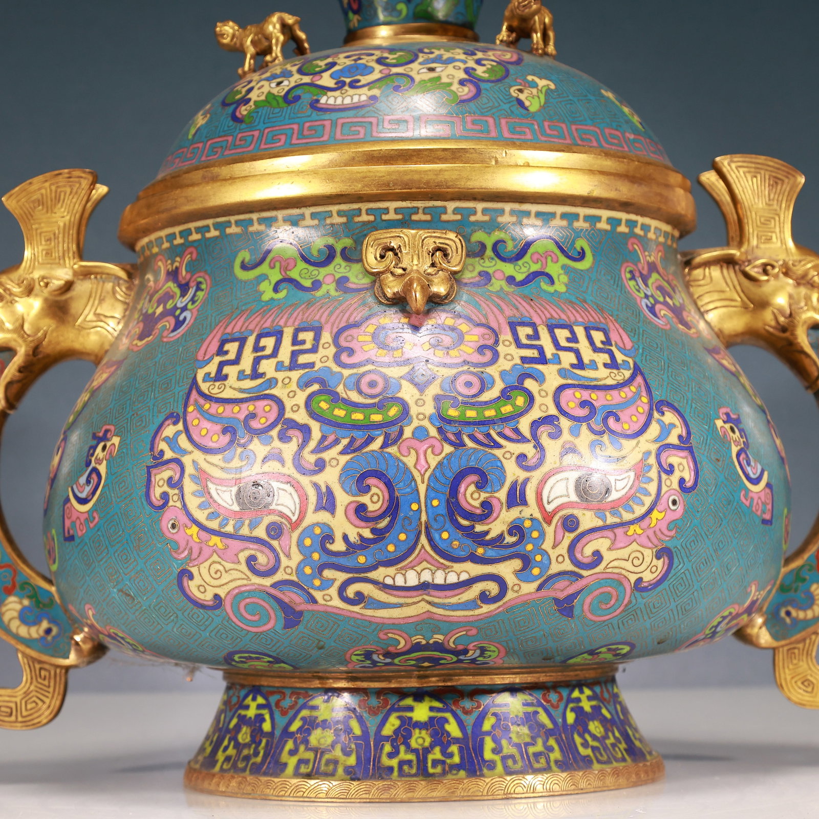 A Rare Cloisonne Beast-Face Pattern Double-Ears Censer - 2