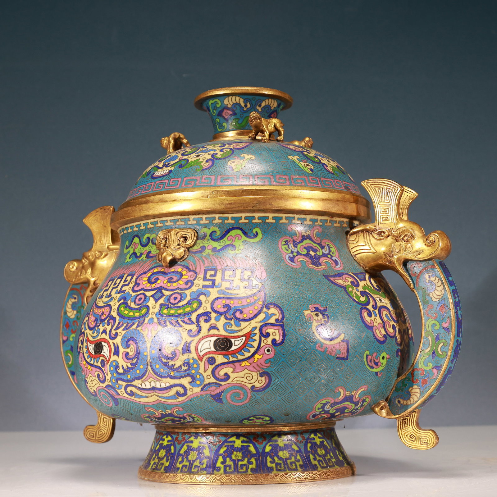 A Rare Cloisonne Beast-Face Pattern Double-Ears Censer - 4