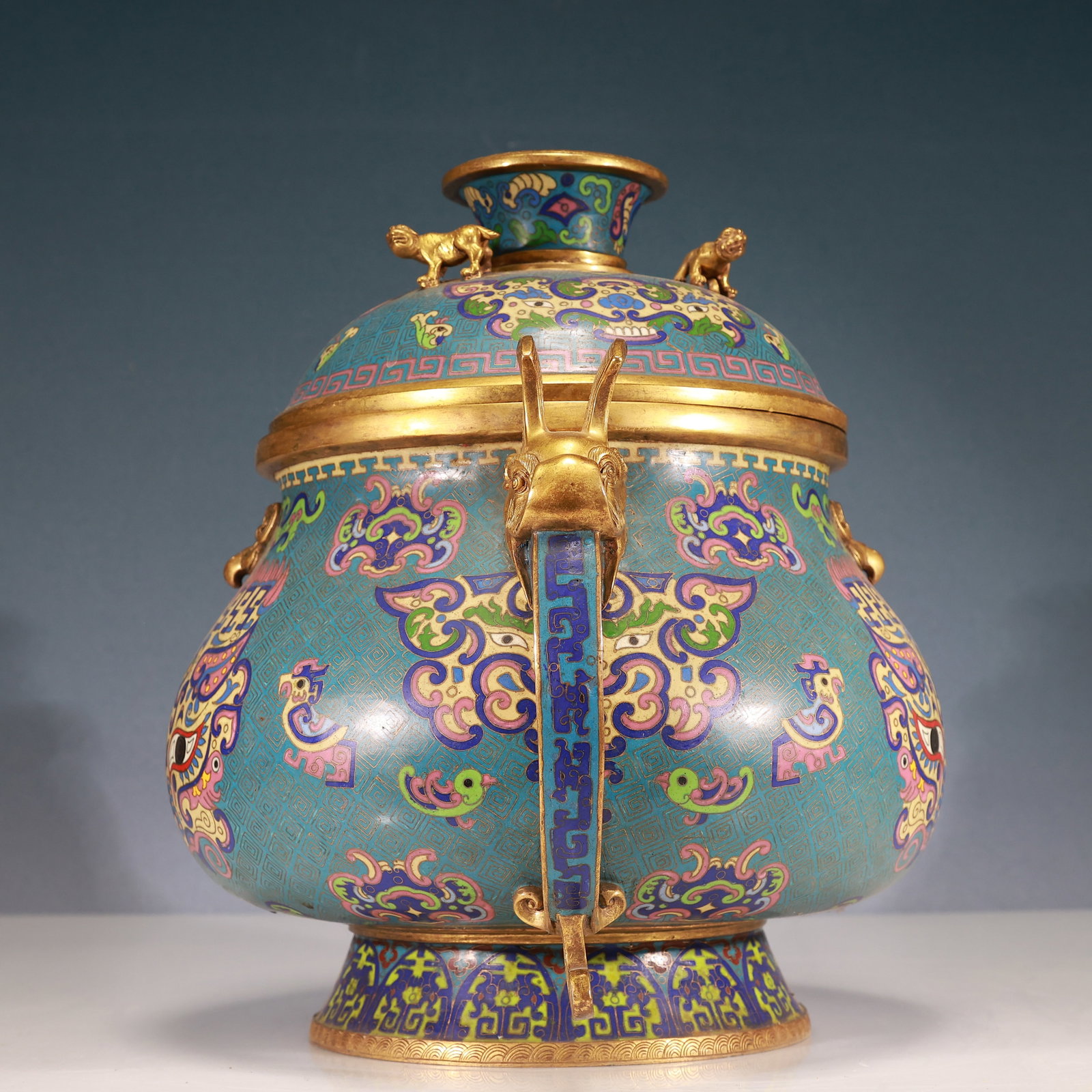 A Rare Cloisonne Beast-Face Pattern Double-Ears Censer - 5