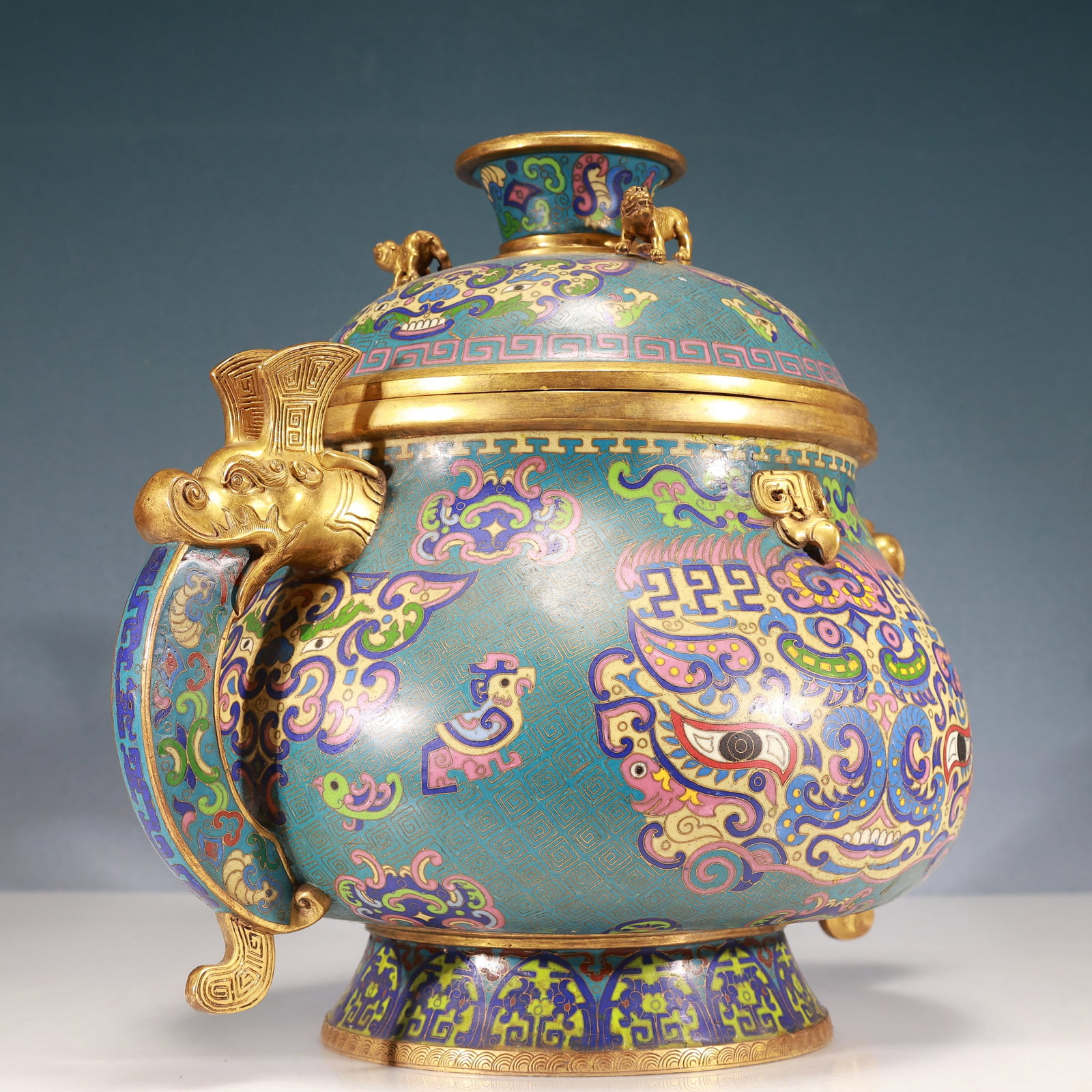 A Rare Cloisonne Beast-Face Pattern Double-Ears Censer - 6