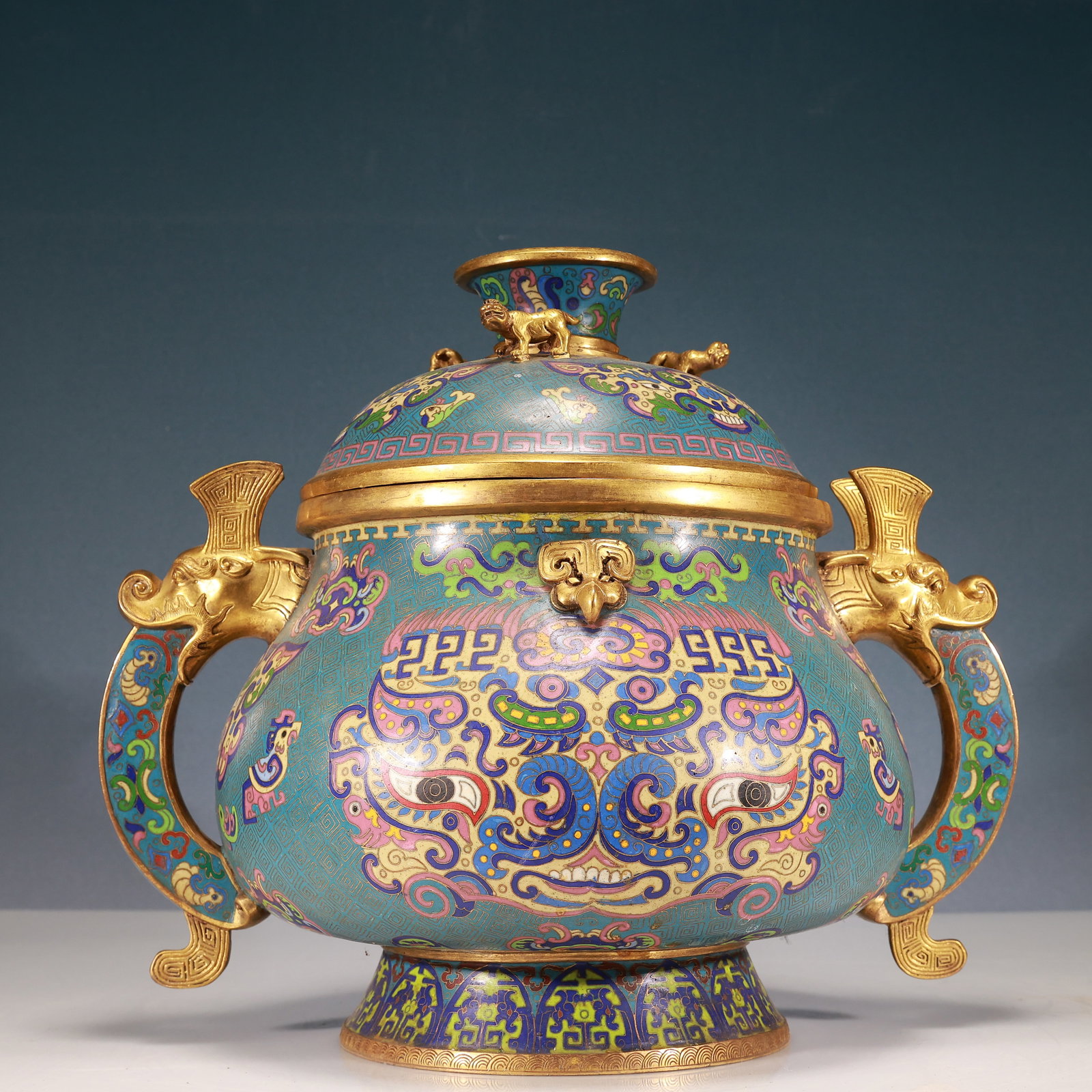 A Rare Cloisonne Beast-Face Pattern Double-Ears Censer - 7
