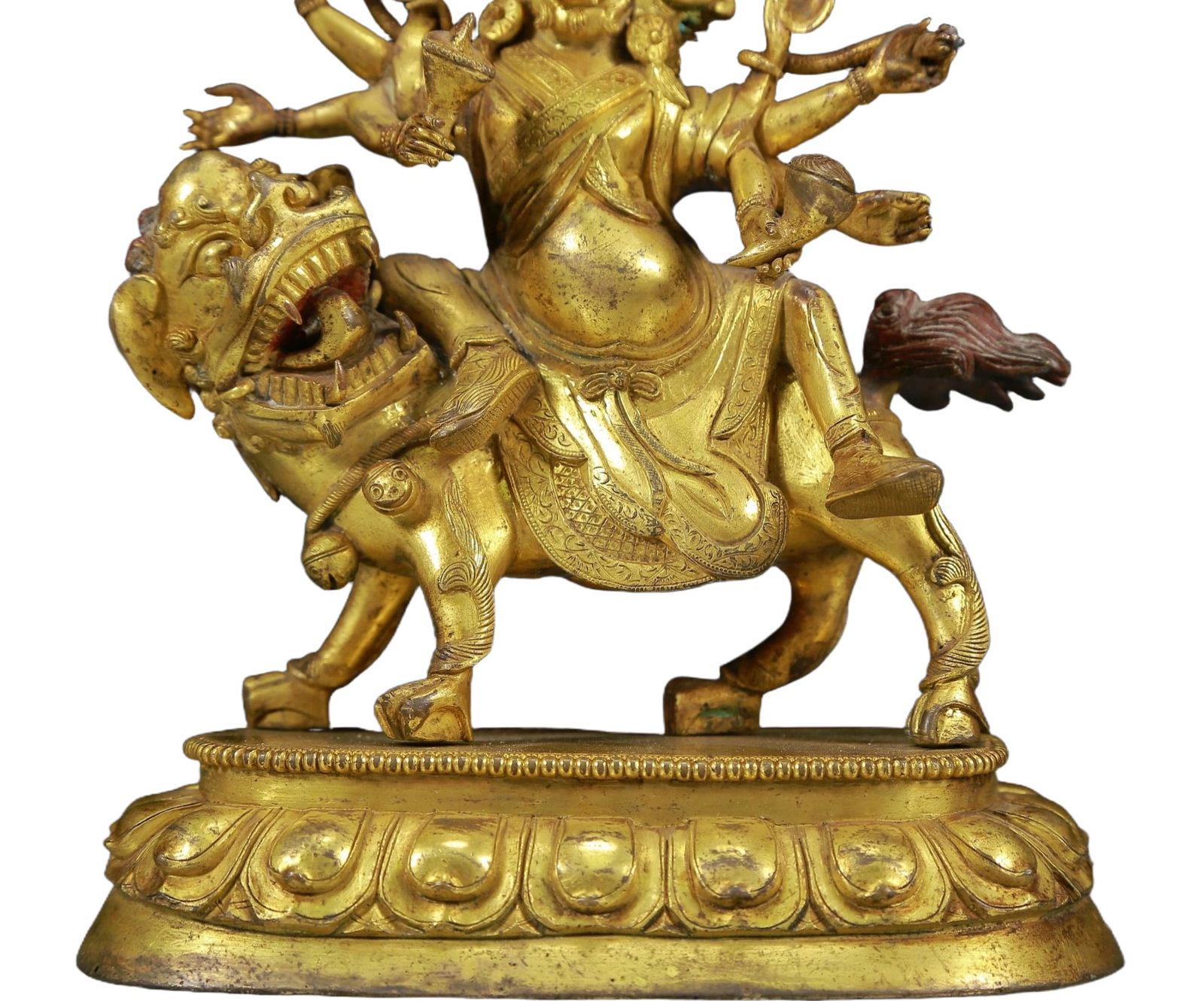 A Solemn Gilt Bronze Lion Riding Buddha Statue - 3