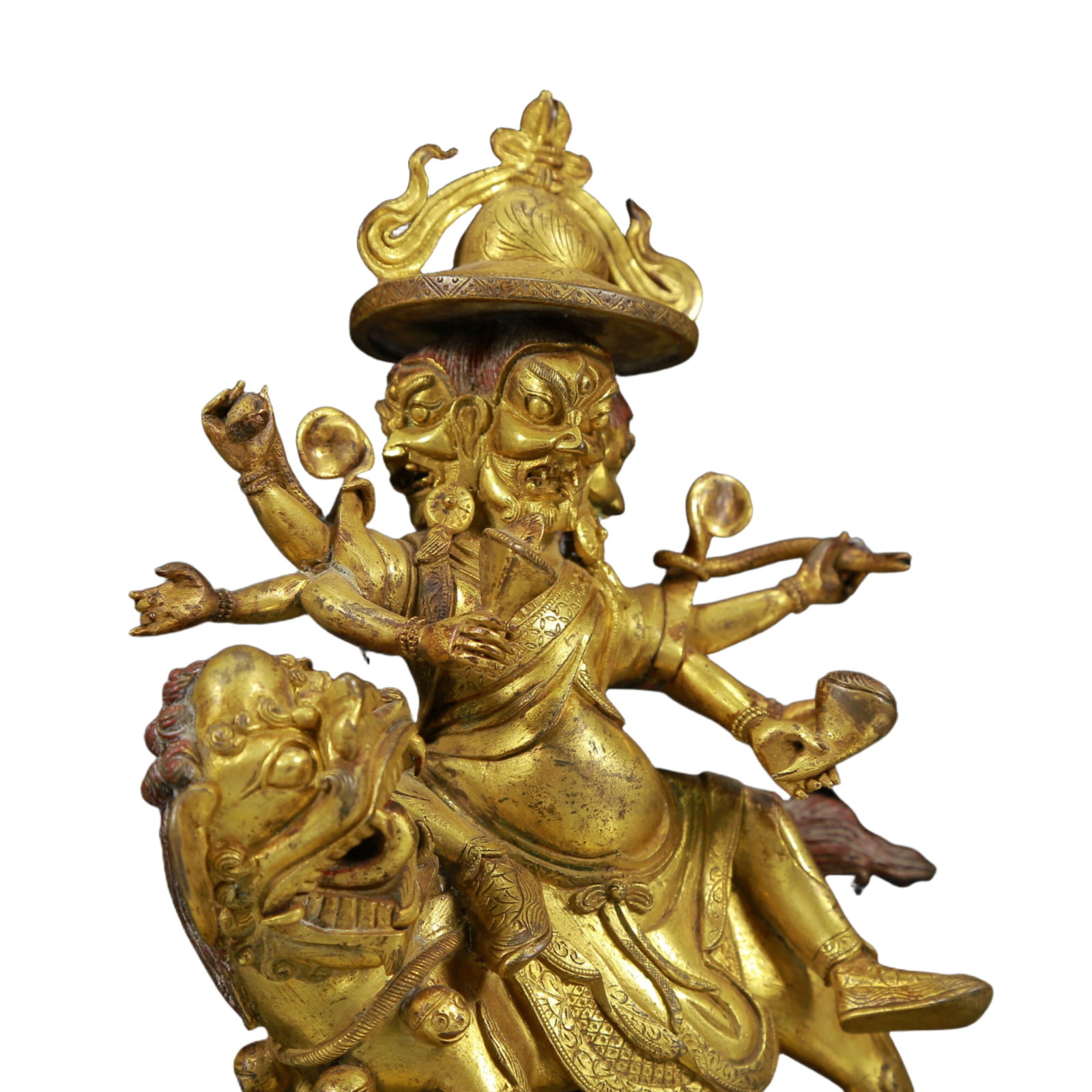 A Solemn Gilt Bronze Lion Riding Buddha Statue - 5