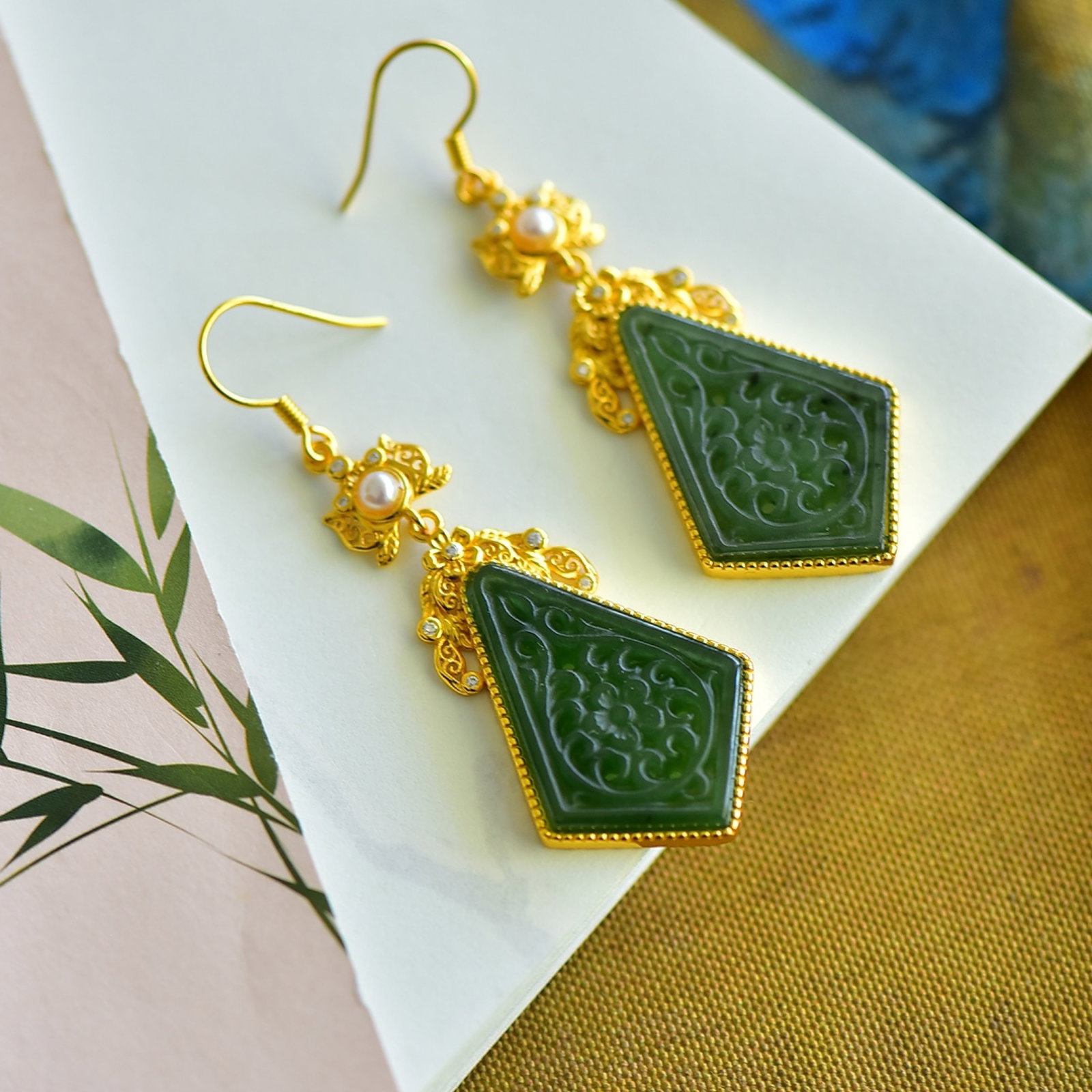 A Pair of Exquisite Sterling Silver-Gold Plated Inlaid Jasper Earrings,Inlaid Pearls - 2