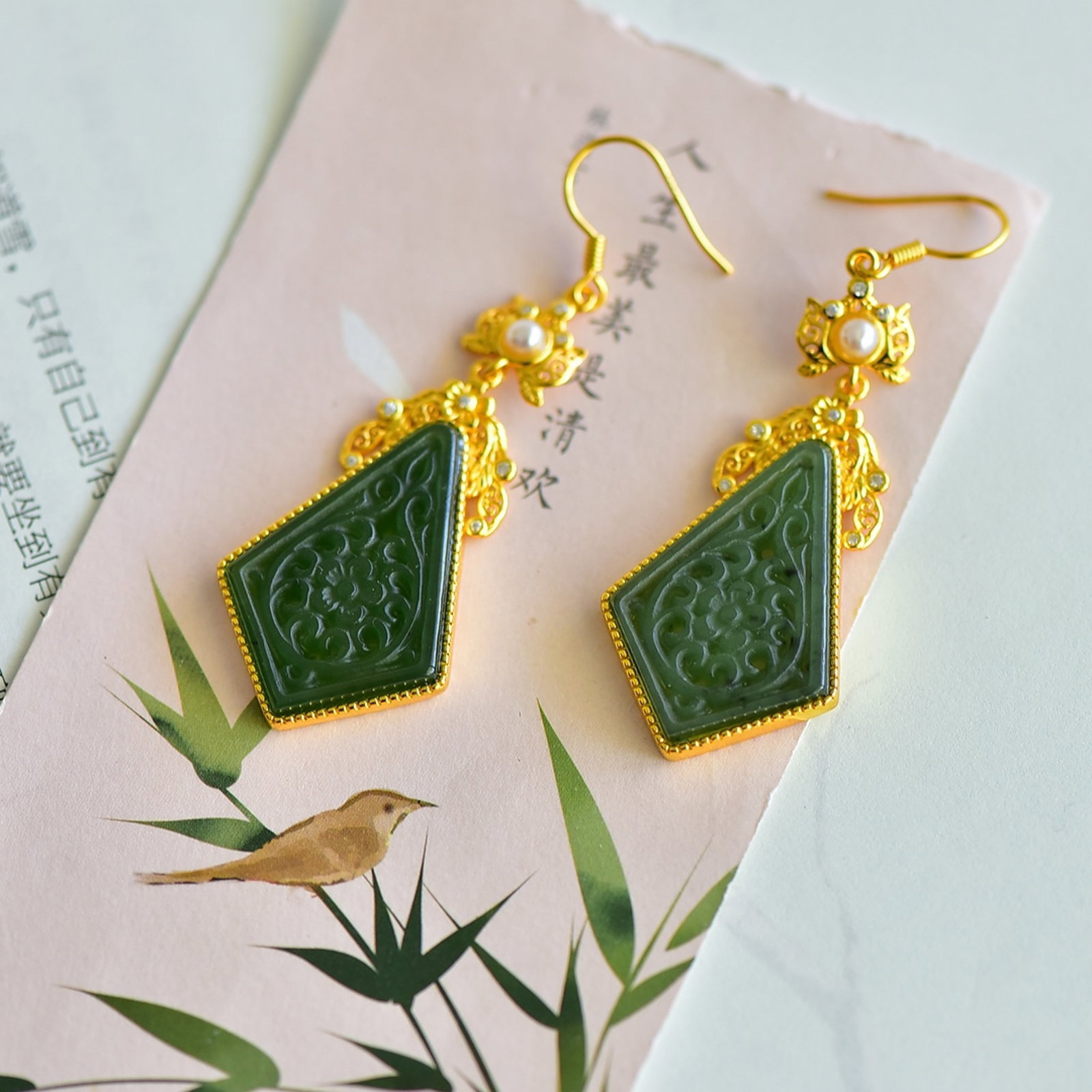 A Pair of Exquisite Sterling Silver-Gold Plated Inlaid Jasper Earrings,Inlaid Pearls - 3