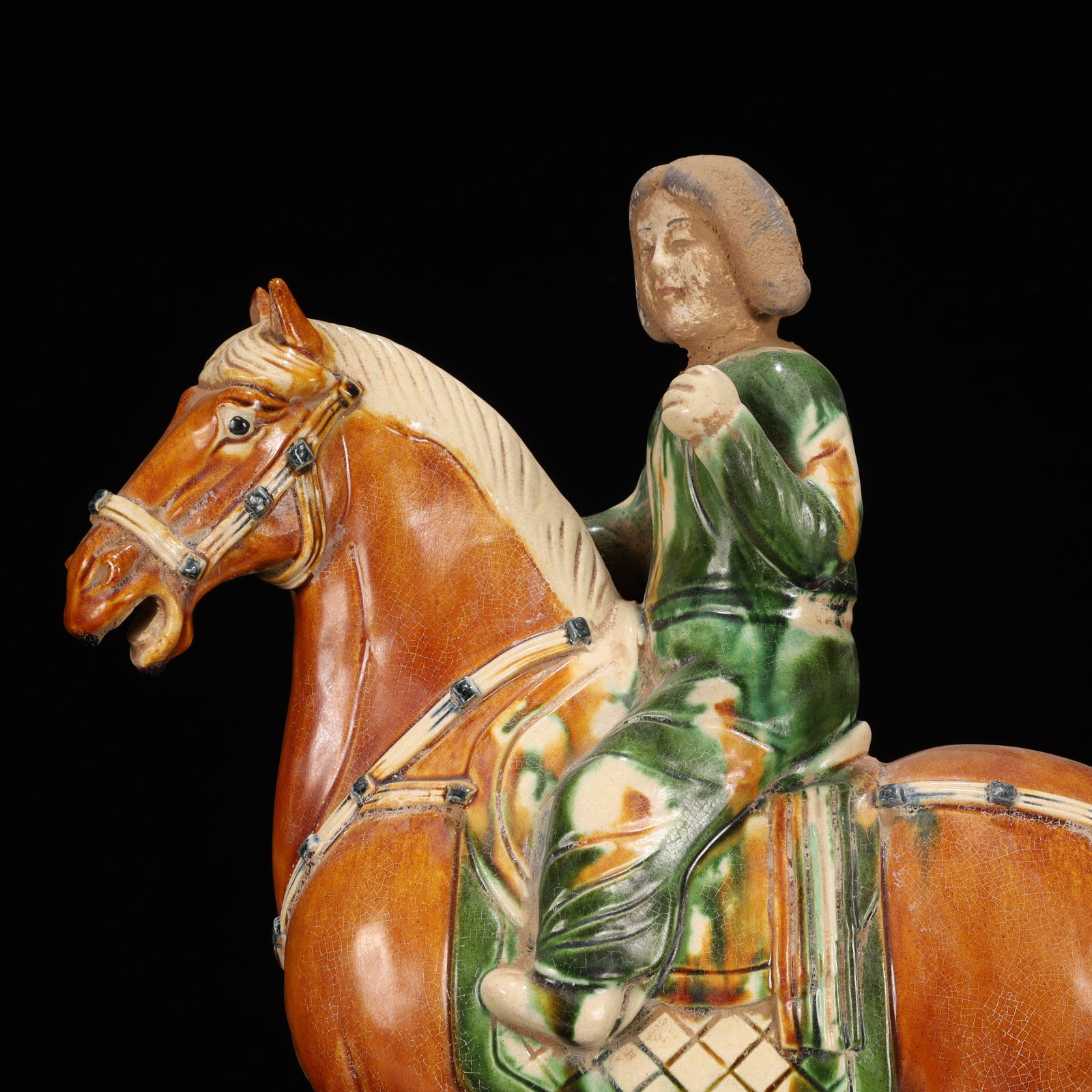 A Rare Tang Tri-Color Glazed Pottery Figure Riding Horse Ornament - 2