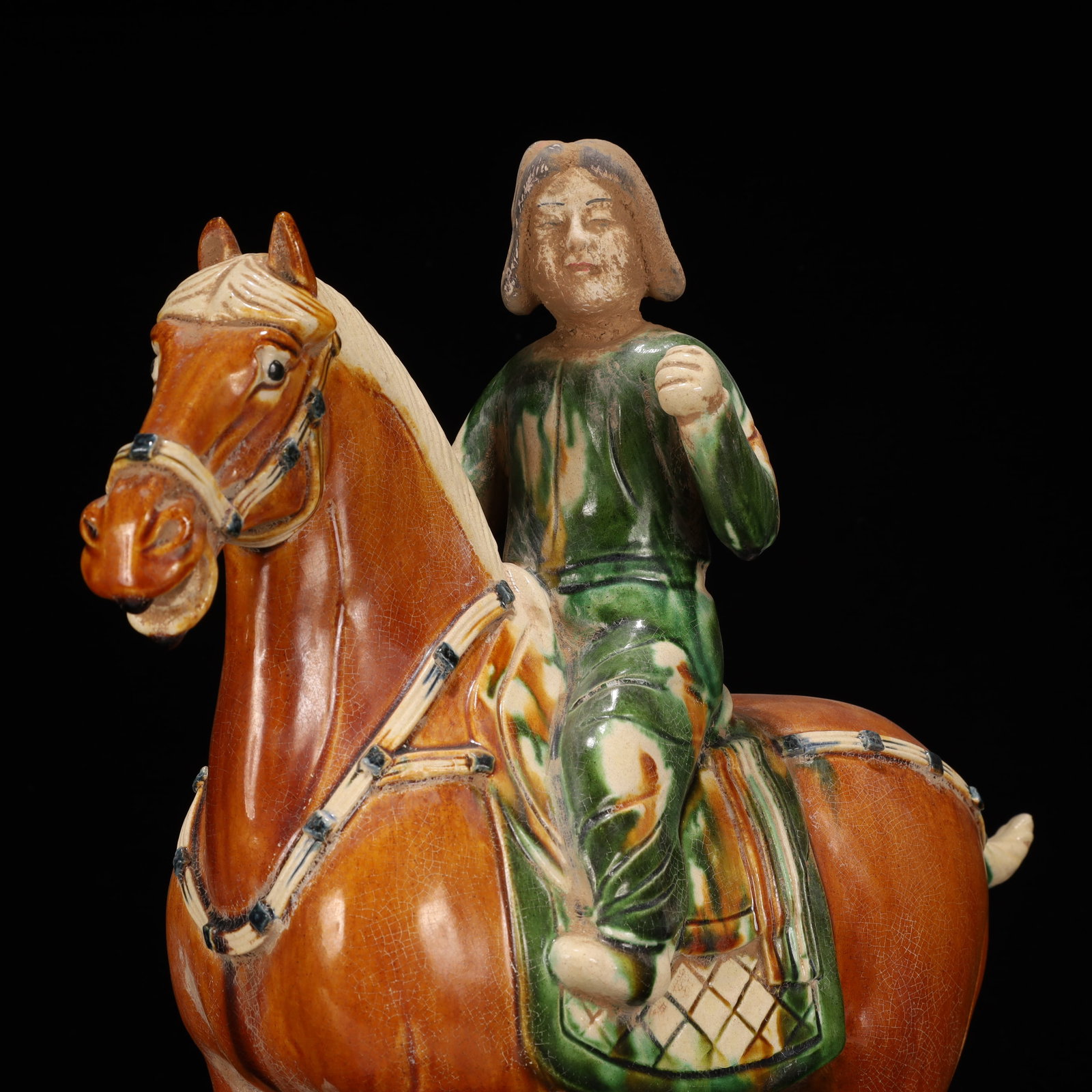 A Rare Tang Tri-Color Glazed Pottery Figure Riding Horse Ornament - 6