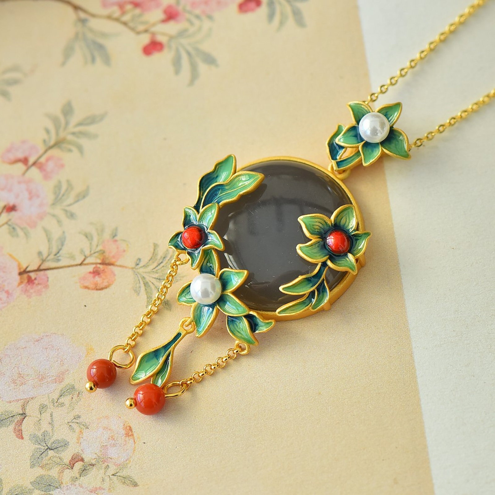 An Exquisite Sterling Silver-Gold Plated Inlaid White Jade Enamel Pendant,Inlaid Pearl - 2