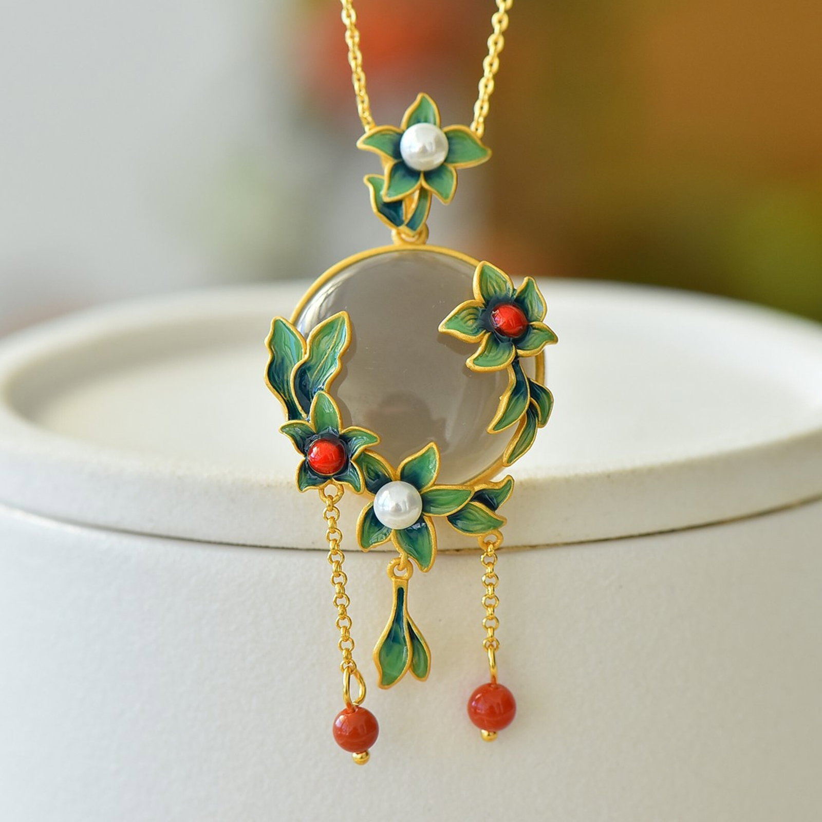 An Exquisite Sterling Silver-Gold Plated Inlaid White Jade Enamel Pendant,Inlaid Pearl - 3