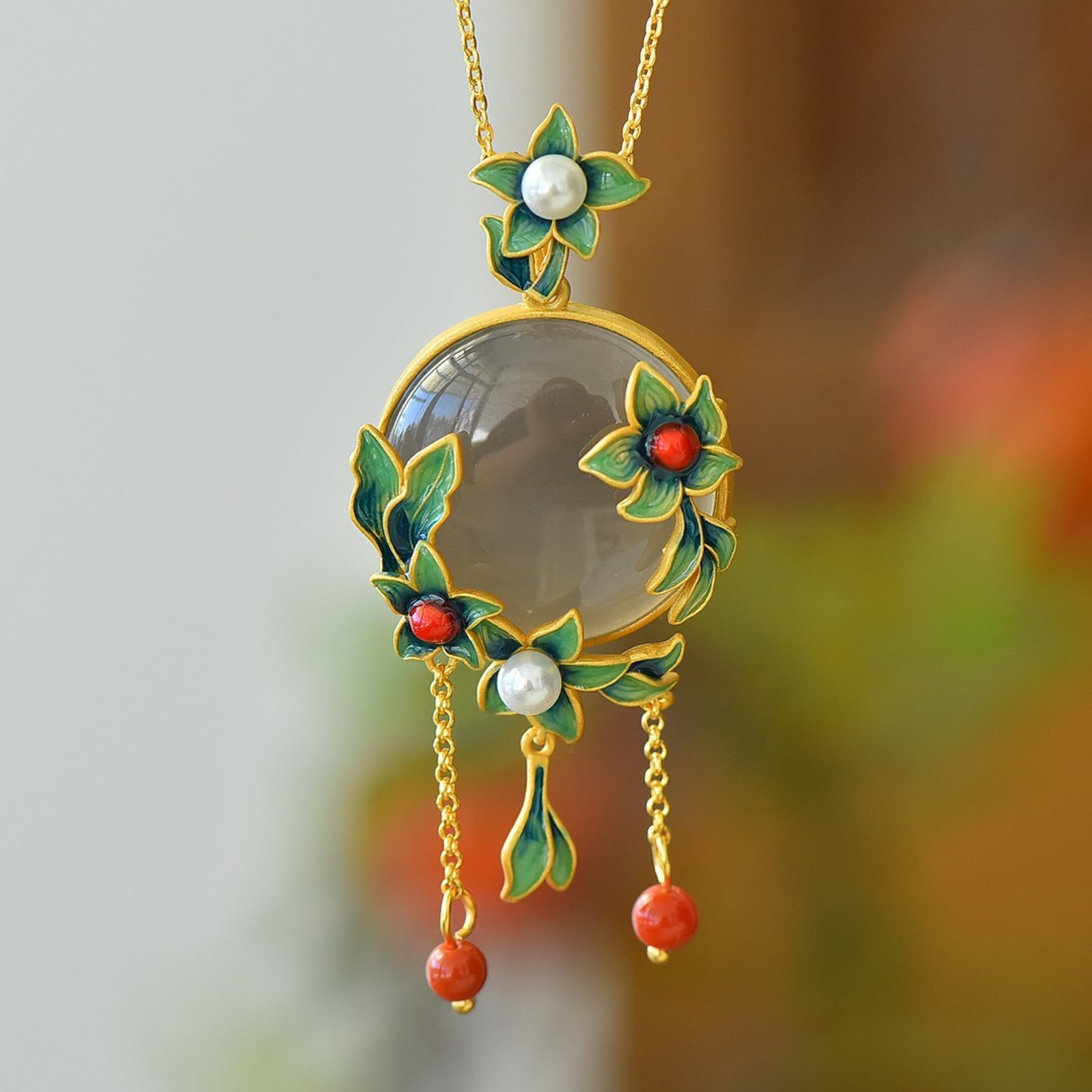 An Exquisite Sterling Silver-Gold Plated Inlaid White Jade Enamel Pendant,Inlaid Pearl - 4