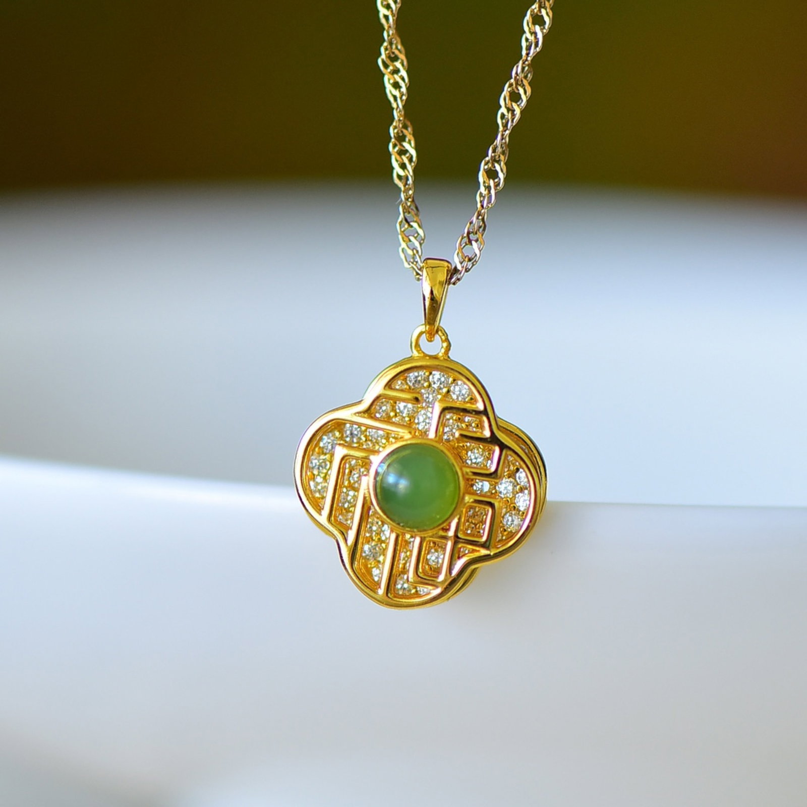 An Exquisite Sterling Silver-Gold Plated Inlaid White Jade Pendant - 2