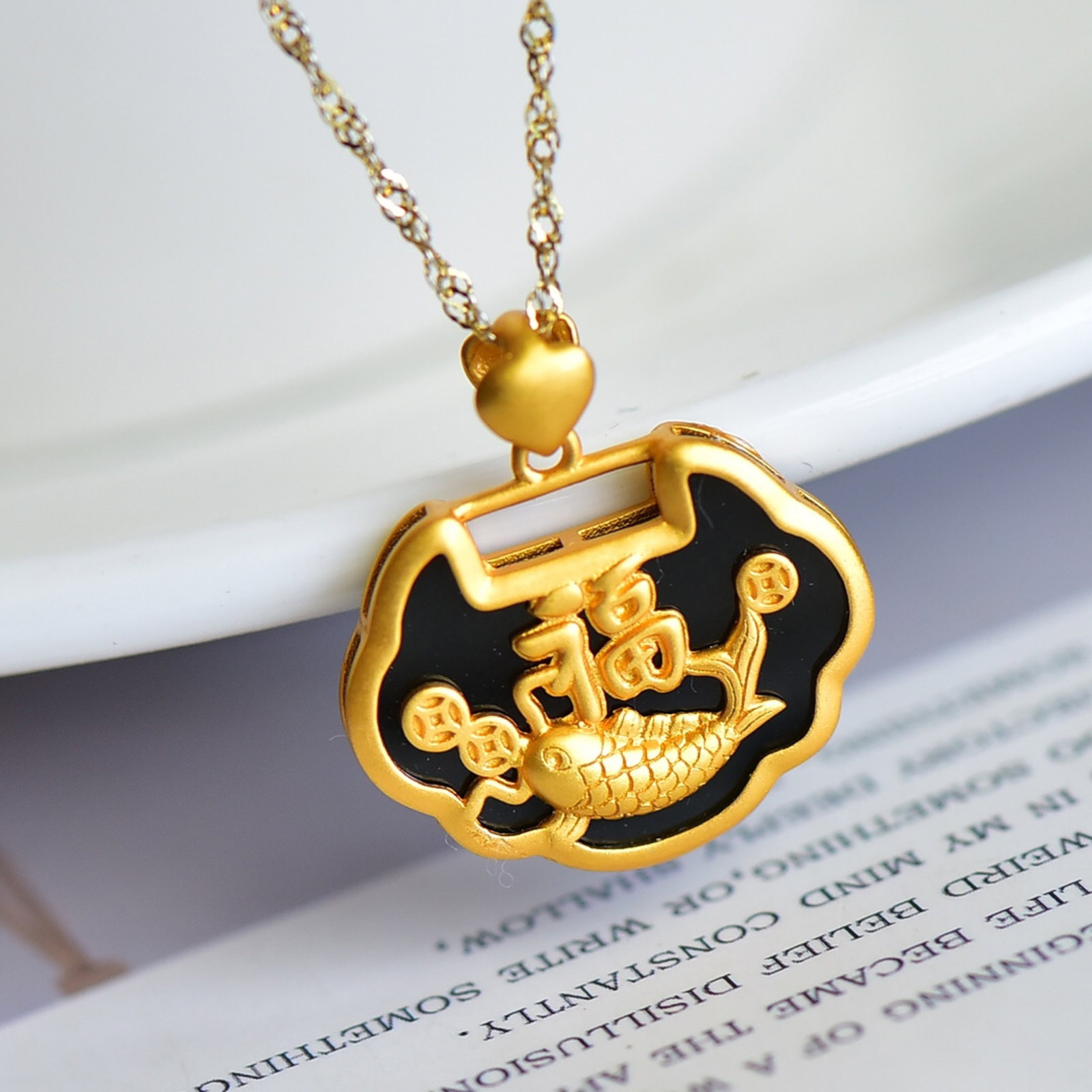 An Exquisite Sterling Silver-Gold Plated Inlaid Black Jade Pendant - 2