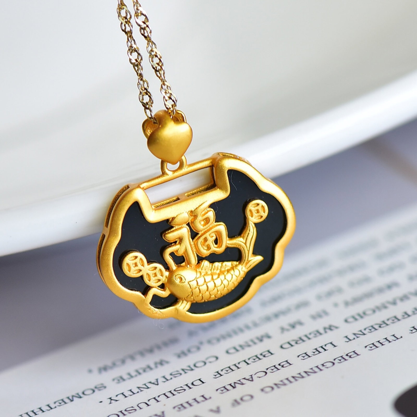 An Exquisite Sterling Silver-Gold Plated Inlaid Black Jade Pendant - 4