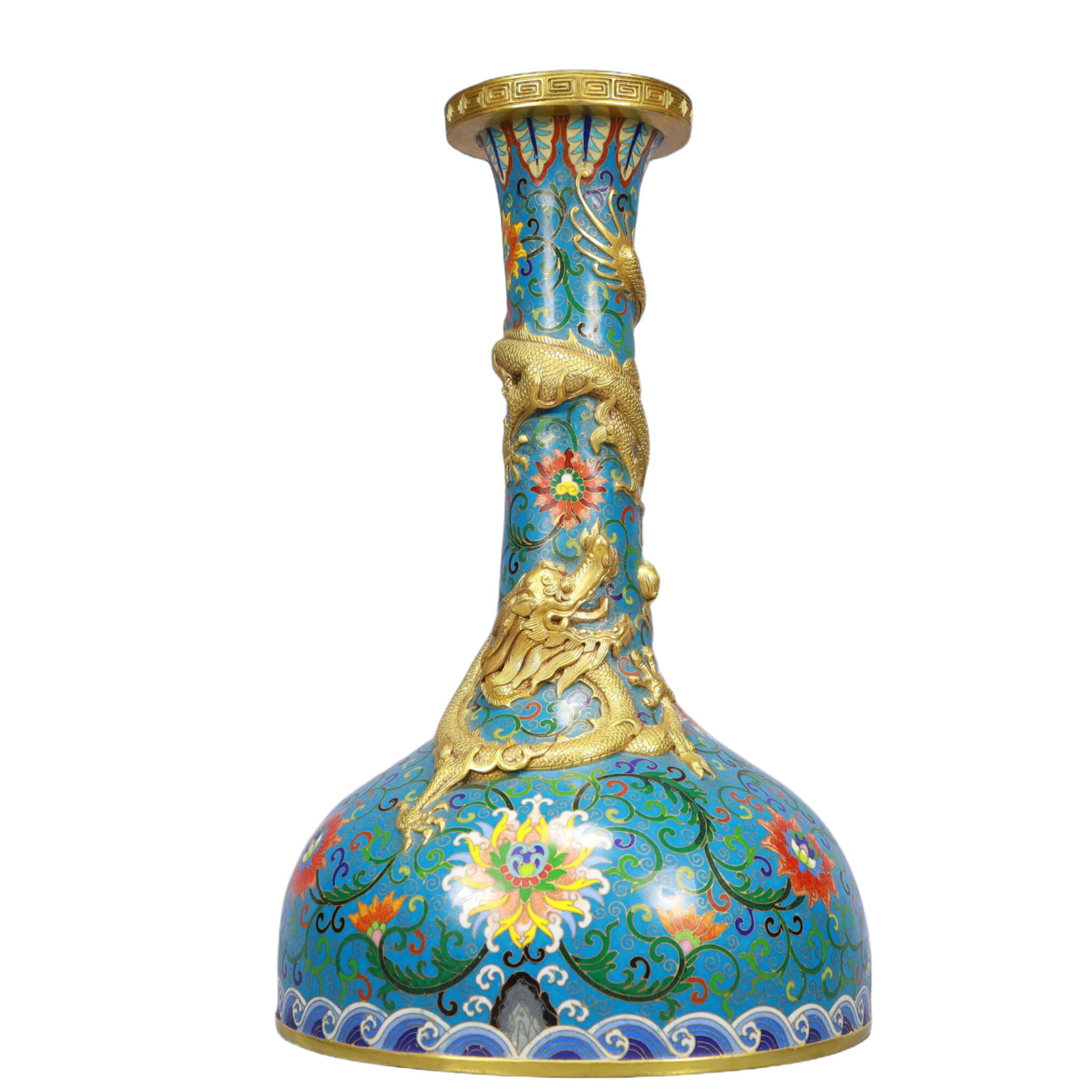 A Huge Cloisonne Lotus and Dragon Pattern Vase: Estimated Value:12000-24000 A Huge Cloisonne Lotus and Dragon Pattern Vase, Qing Dynasty, China, Qianlong Six-character Mark, Size:9.1inx15.7in, Weight:8450g