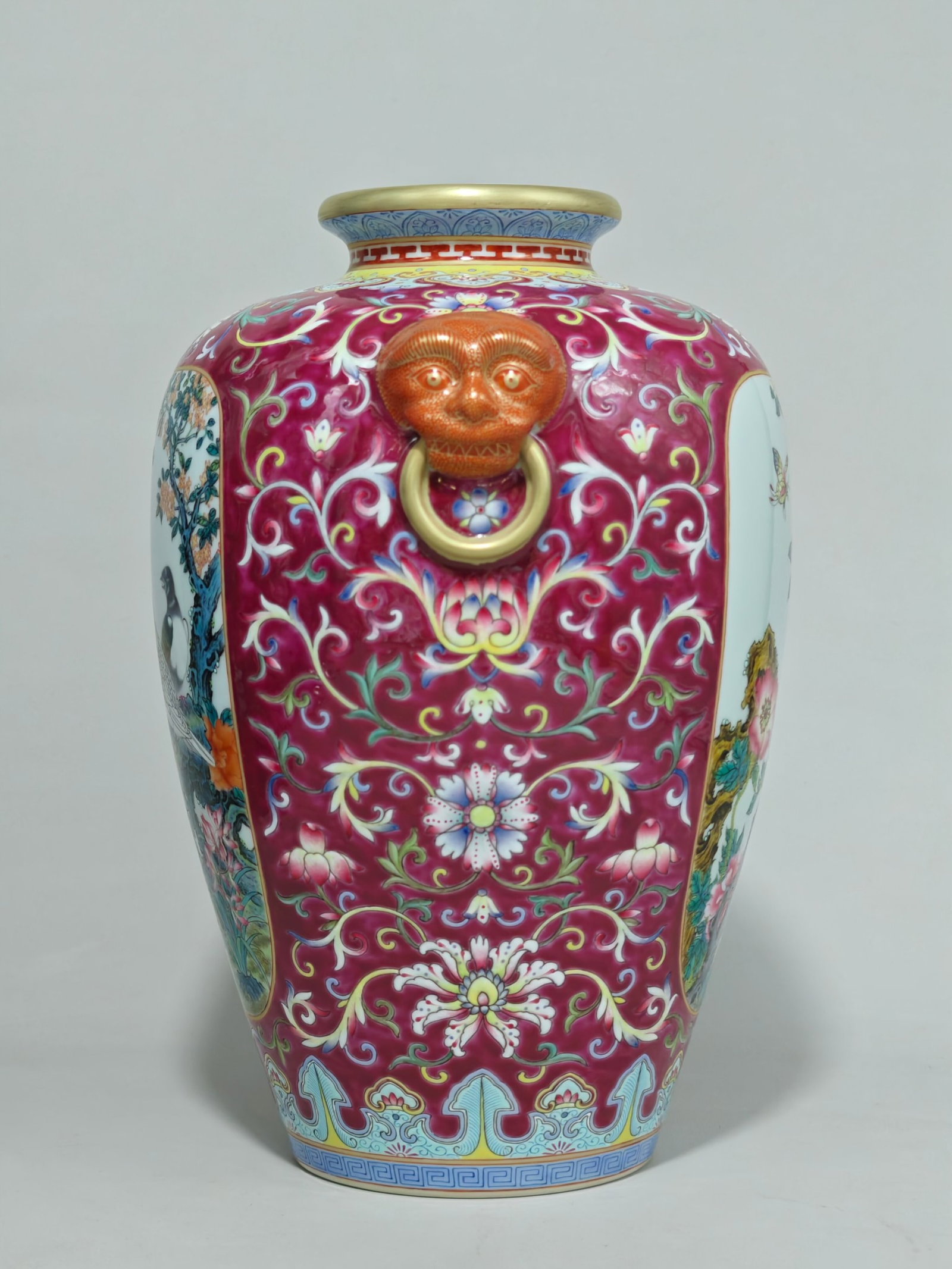 An Exquisite Famille-Rose Ruby Red-Glazed Painted Gold Flower and Bird Pattern Beast-Ears Vase - 2