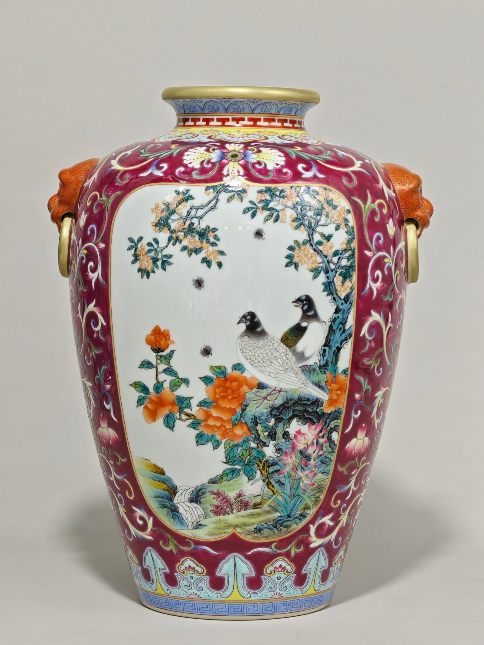 An Exquisite Famille-Rose Ruby Red-Glazed Painted Gold Flower and Bird Pattern Beast-Ears Vase - 3